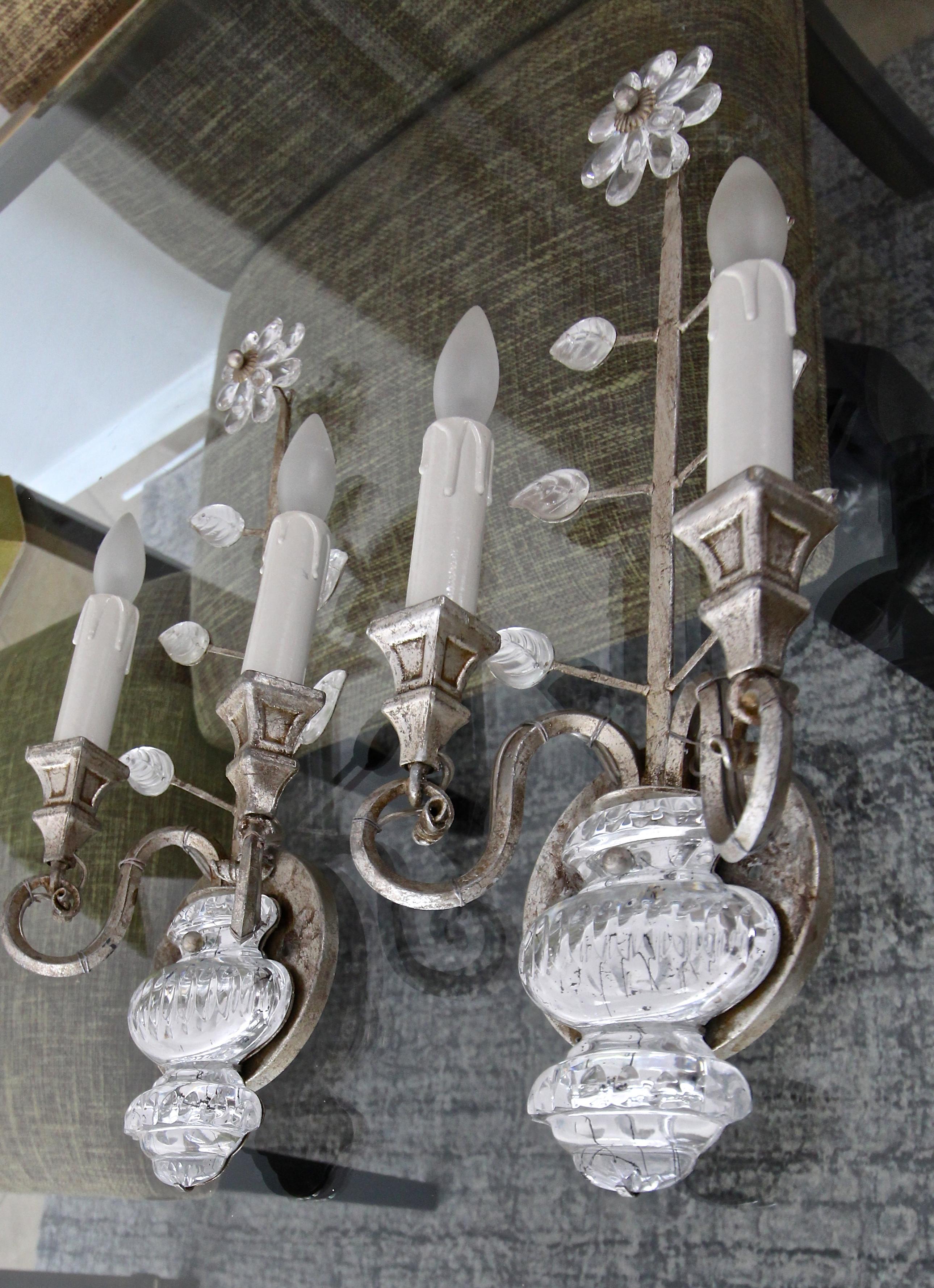 Late 20th Century Pair of Banci Crystal Silver Gilt Flower Wall Sconces