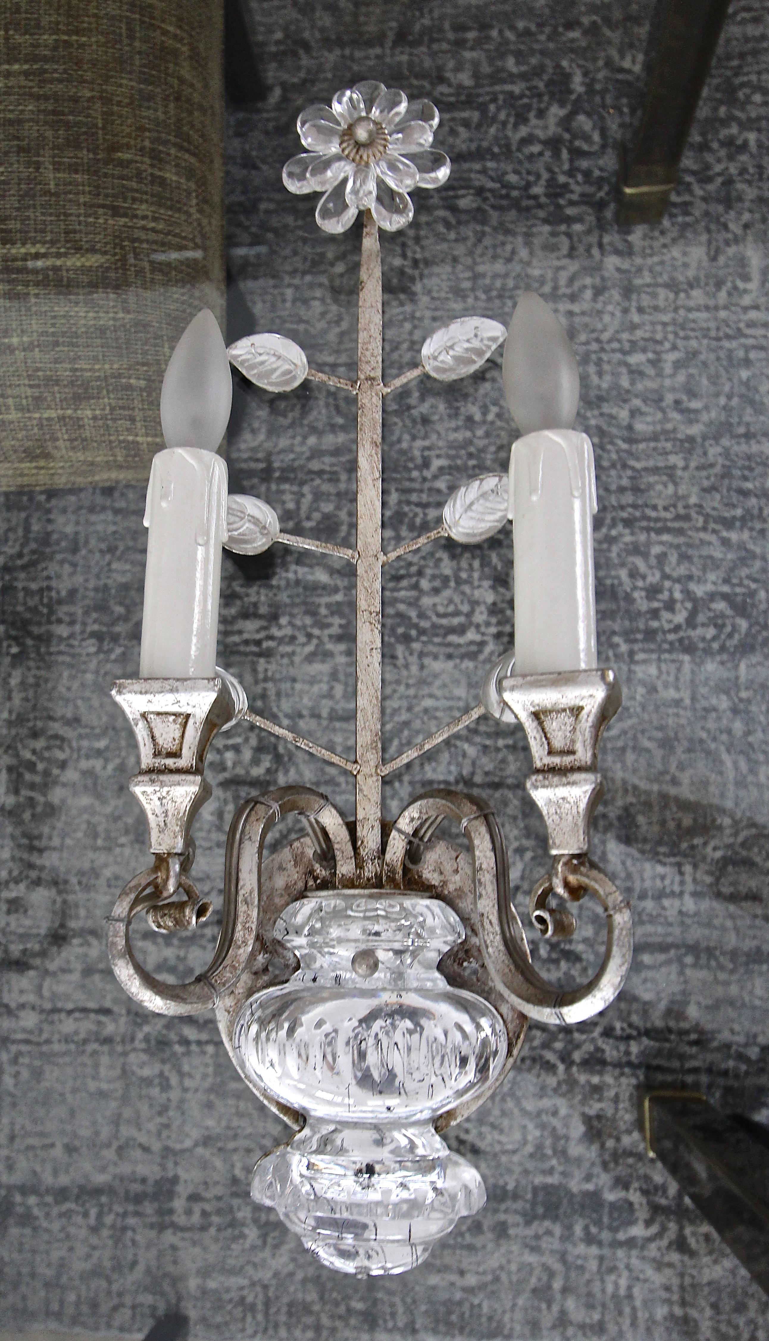 Metal Pair of Banci Crystal Silver Gilt Flower Wall Sconces