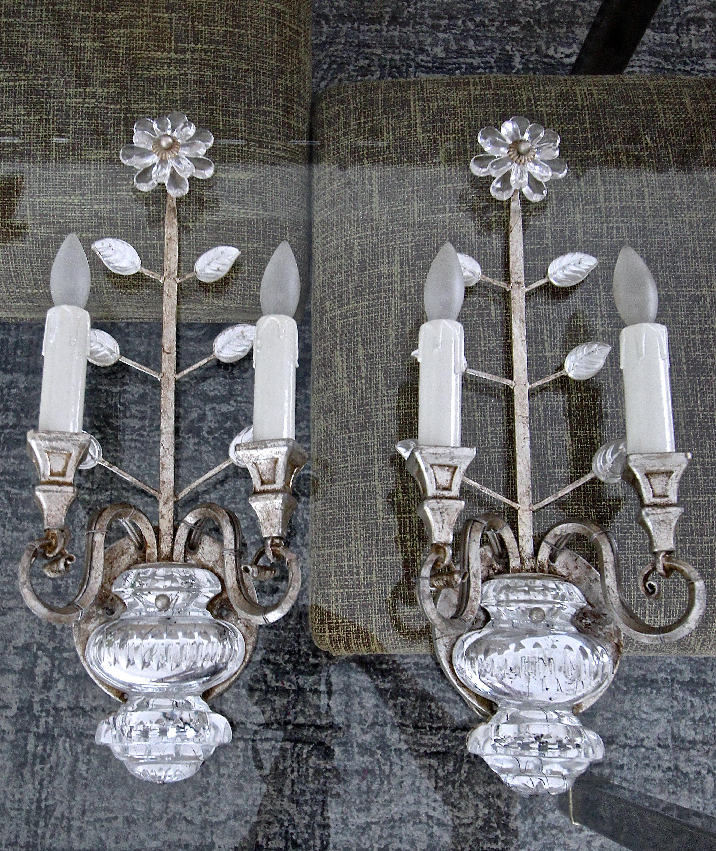 Pair of Banci Crystal Silver Gilt Flower Wall Sconces 1