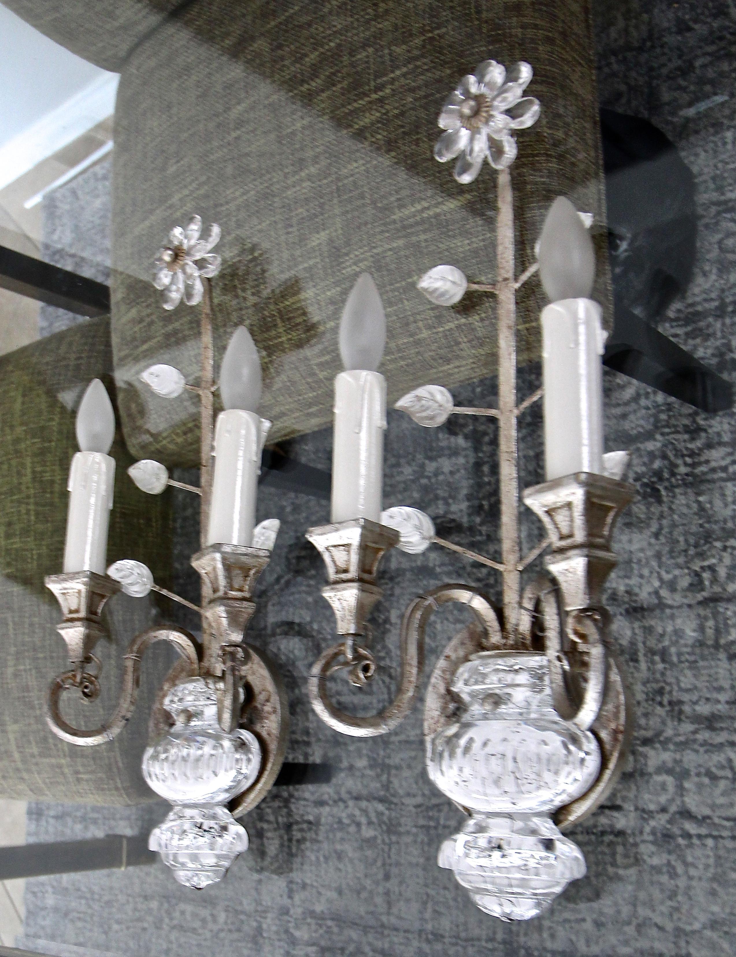 Pair of Banci Crystal Silver Gilt Flower Wall Sconces 2