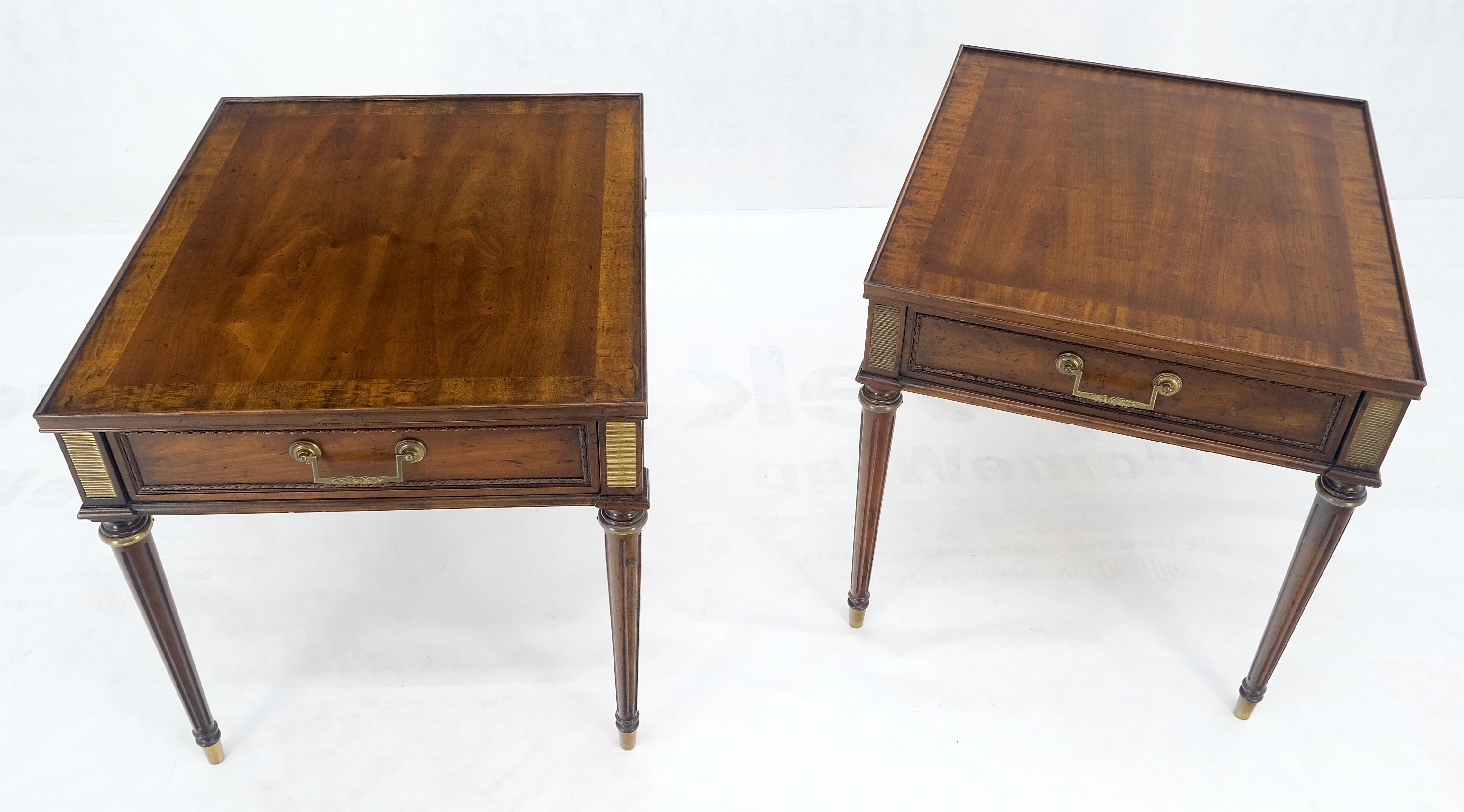 American Pair Banded Top Fluted Tapered Legs One Drawer Low Profile End Tables Stands  For Sale