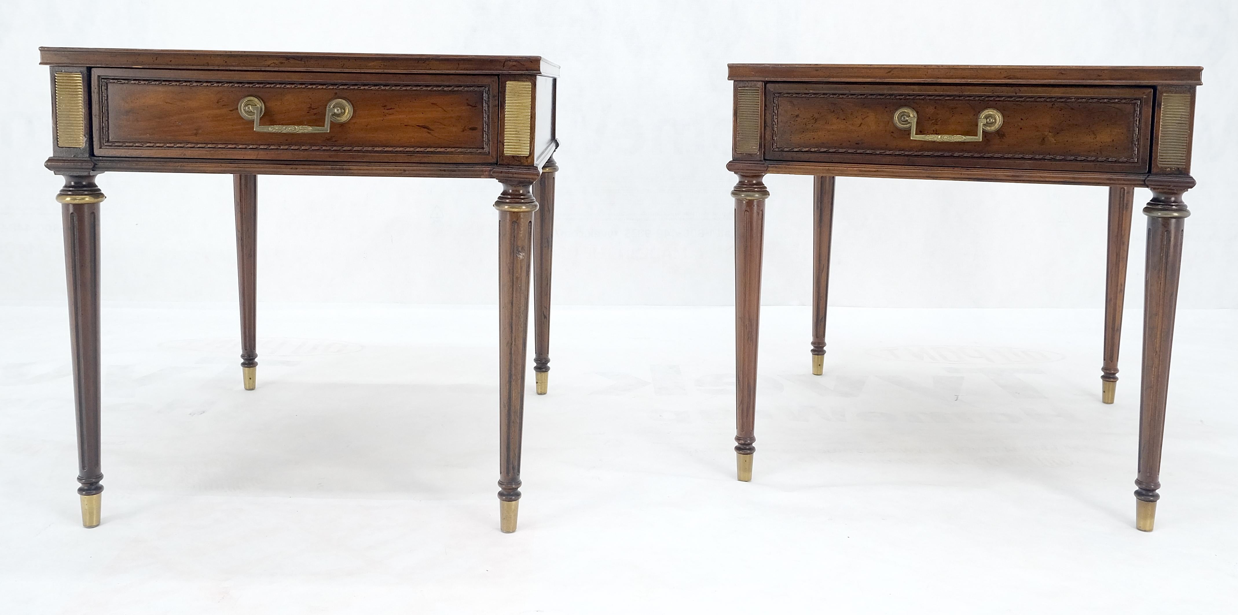 Lacquered Pair Banded Top Fluted Tapered Legs One Drawer Low Profile End Tables Stands  For Sale