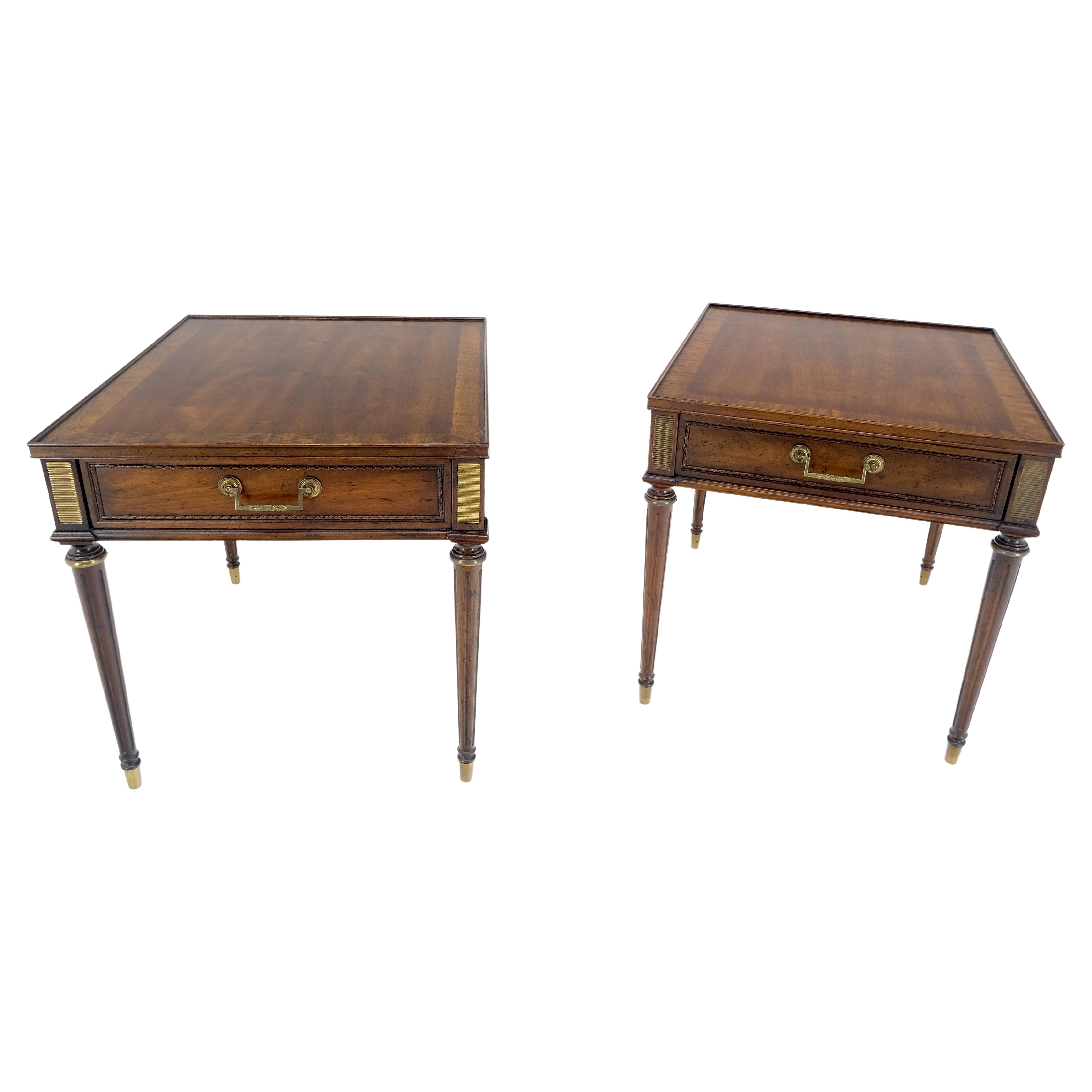 Pair Banded Top Fluted Tapered Legs One Drawer Low Profile End Tables Stands  For Sale