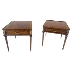 Pair Banded Top Fluted Tapered Legs One Drawer Low Profile End Tables Stands 