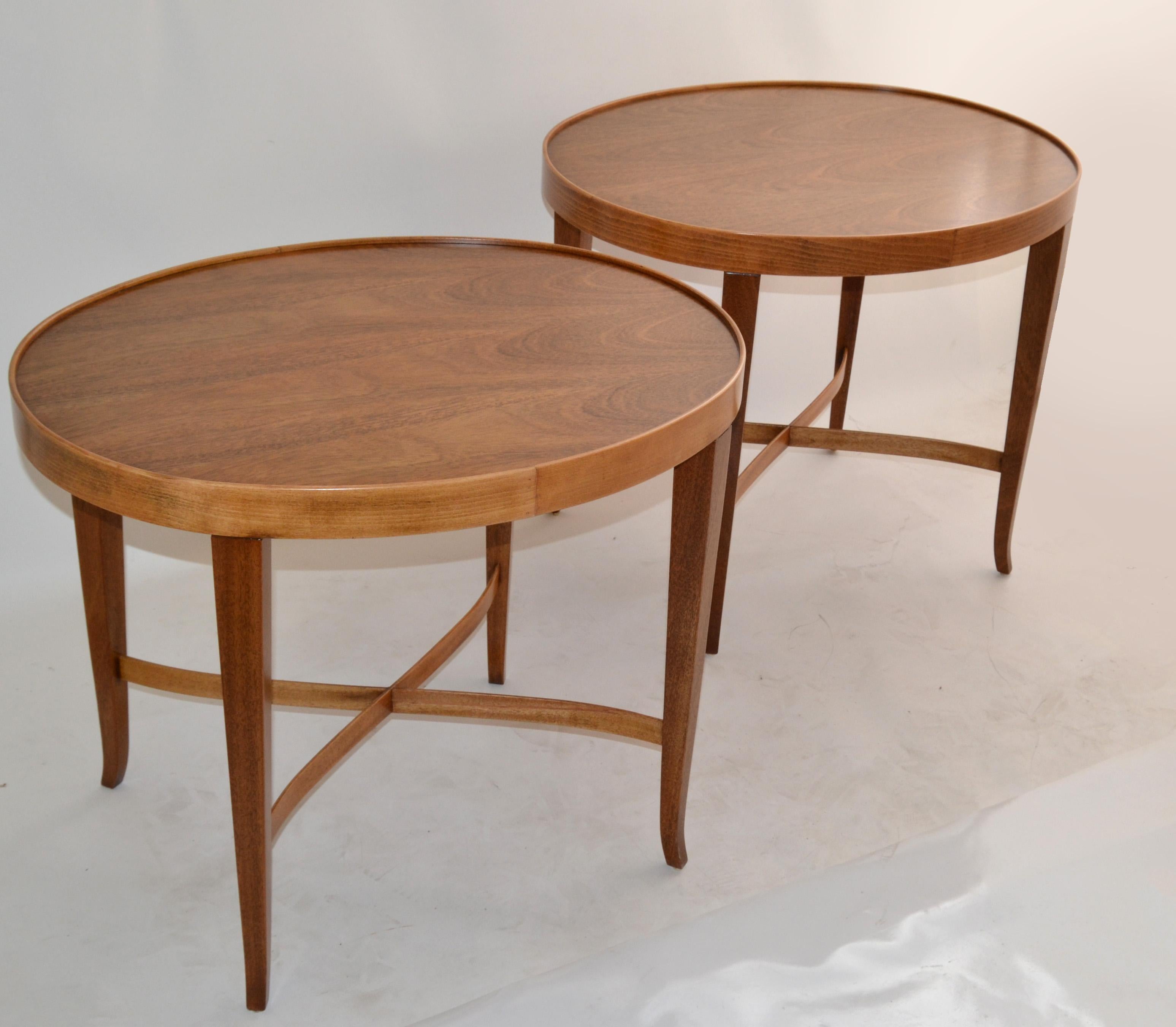 Mid-Century Modern Pair, Barbara Barry Baker Furniture Walnut Oval End Side Table Newly Refinished For Sale