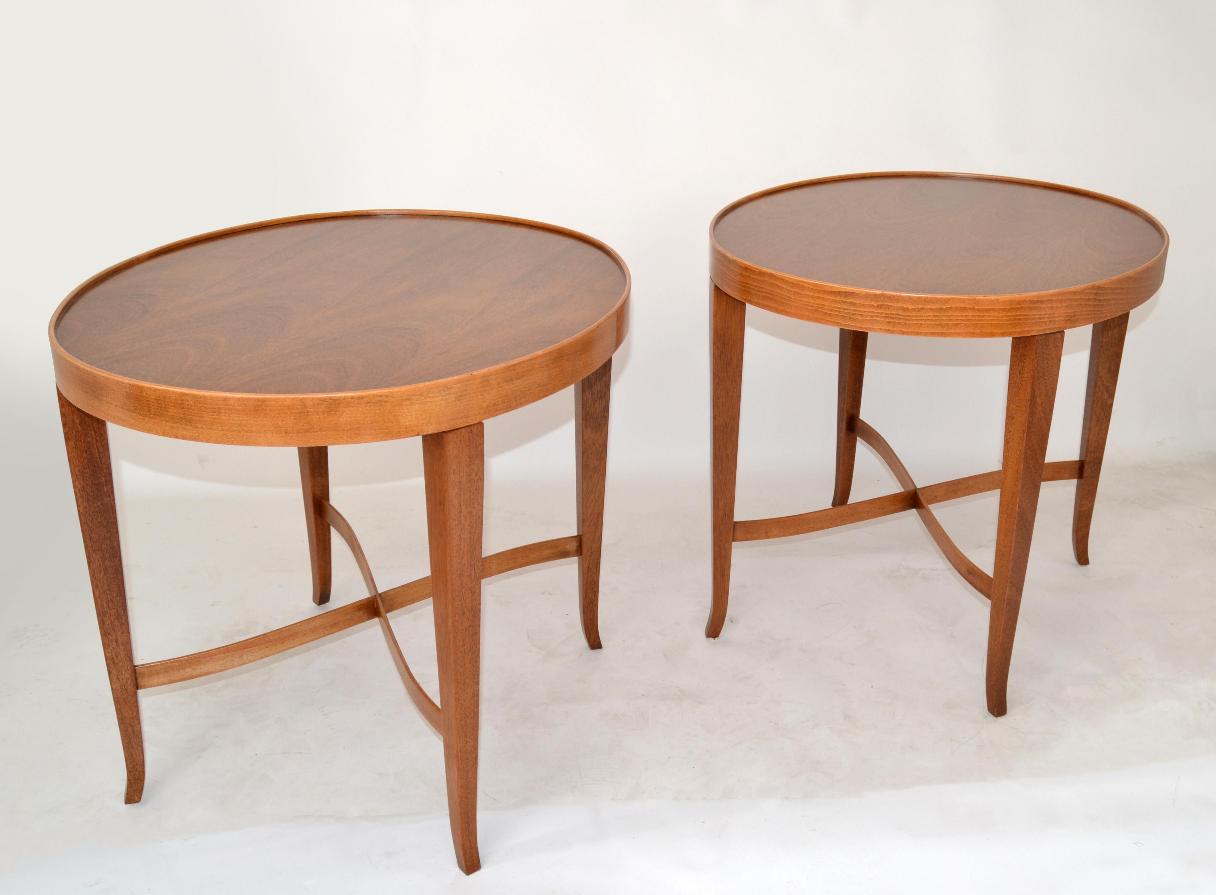 Hand-Crafted Pair, Barbara Barry Baker Furniture Walnut Oval End Side Table Newly Refinished For Sale
