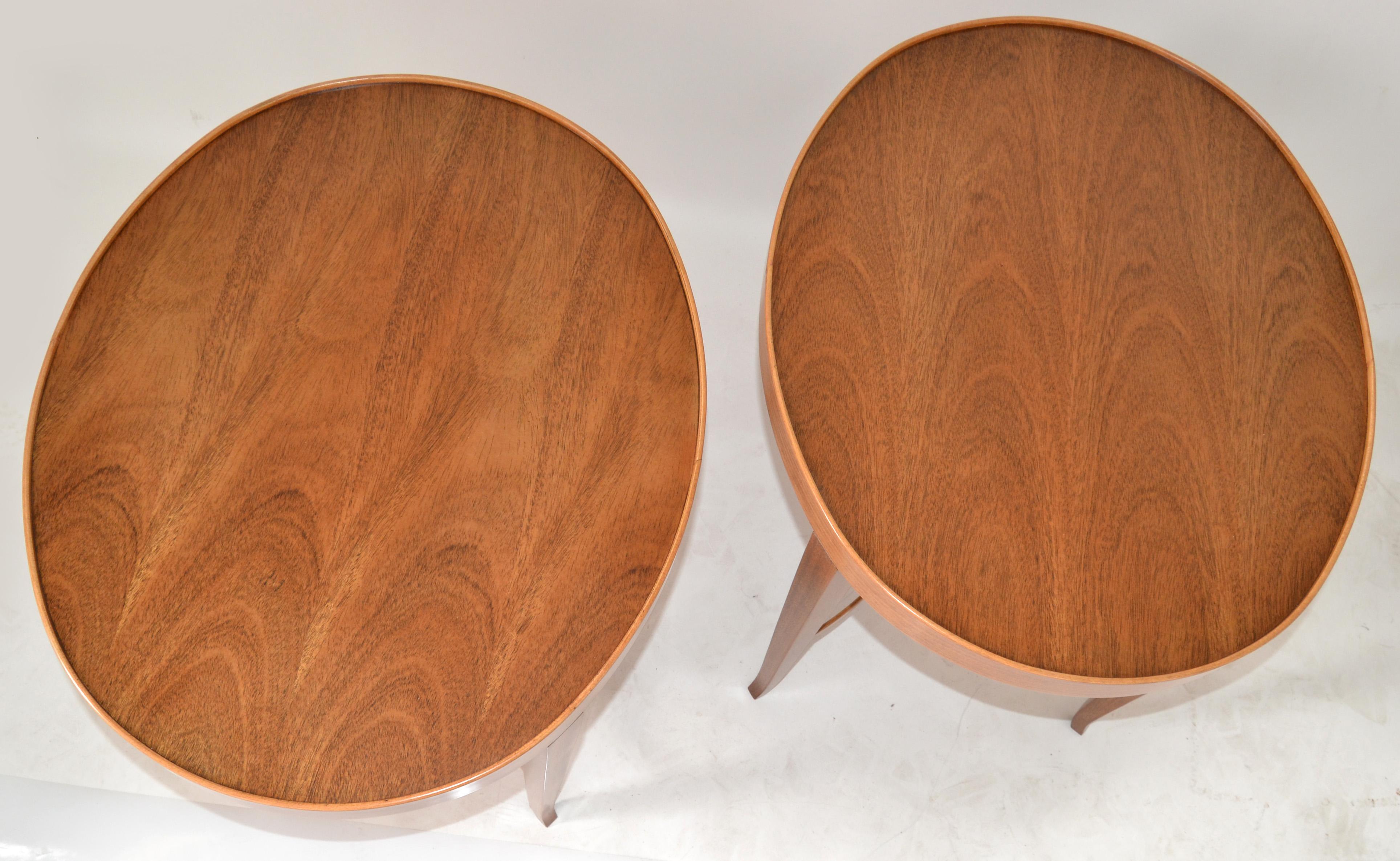 Pair, Barbara Barry Baker Furniture Walnut Oval End Side Table Newly Refinished In Good Condition For Sale In Miami, FL