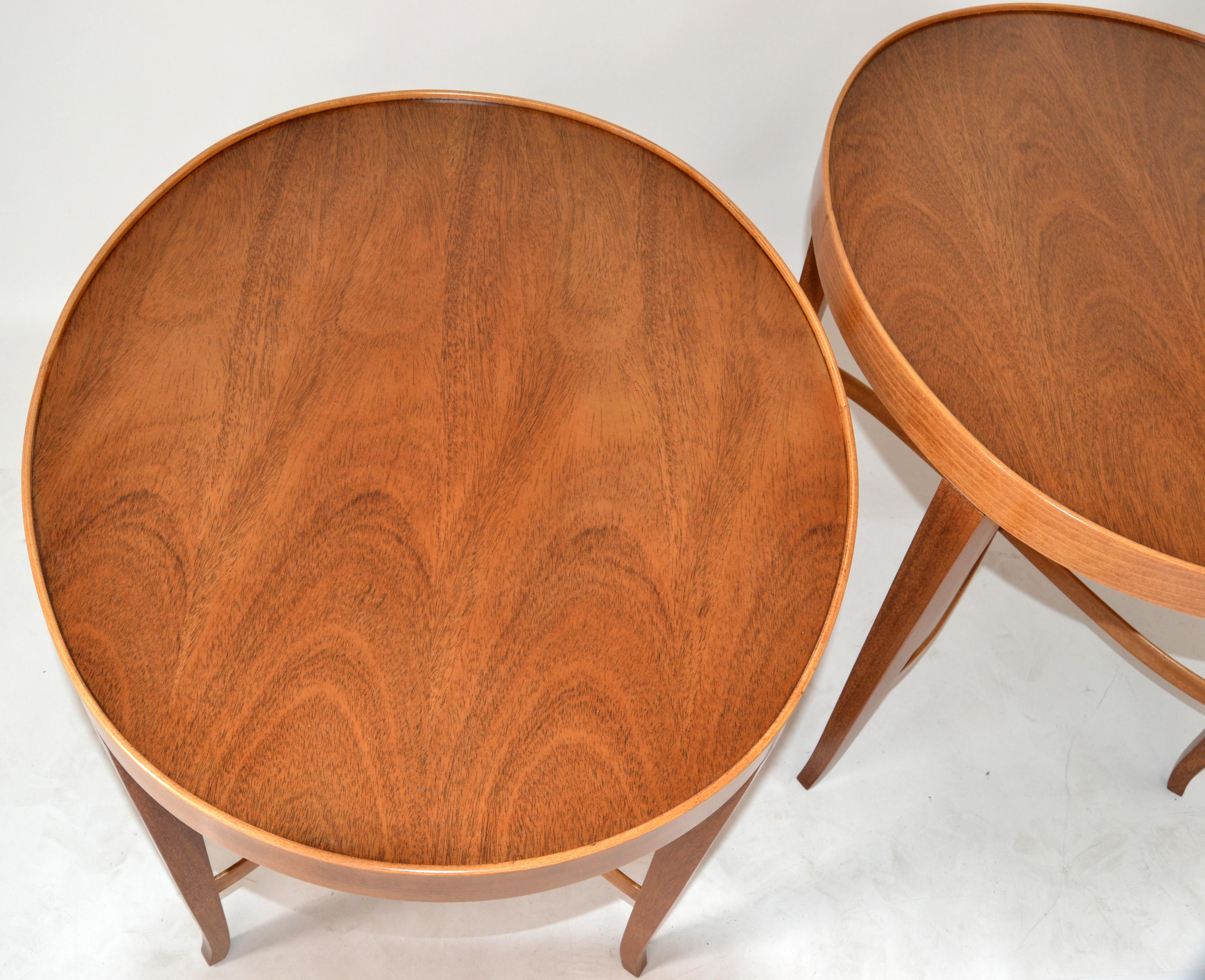 20th Century Pair, Barbara Barry Baker Furniture Walnut Oval End Side Table Newly Refinished For Sale