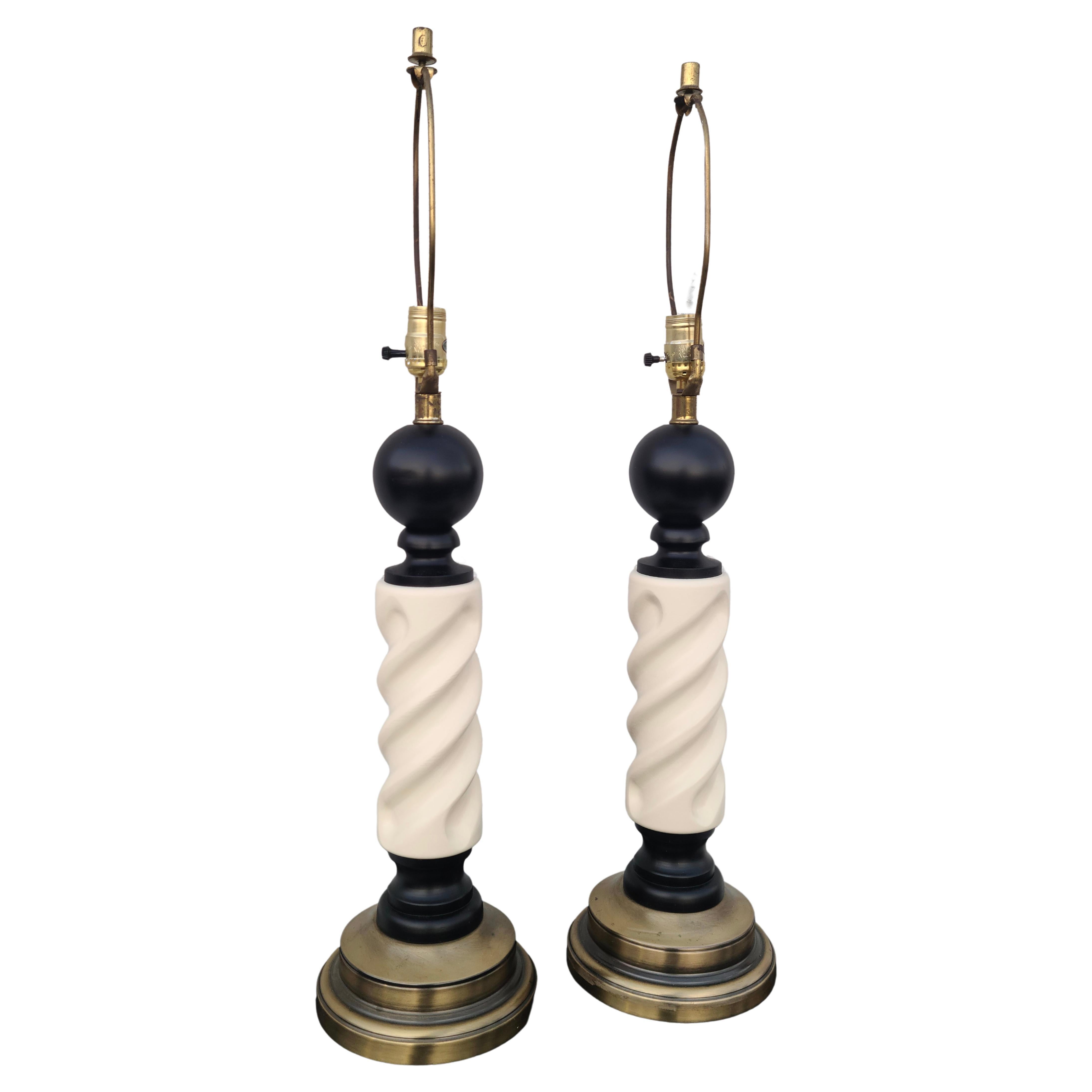 Pair Barber Lacquer and Brass Pole Lamps In Good Condition For Sale In Fraser, MI