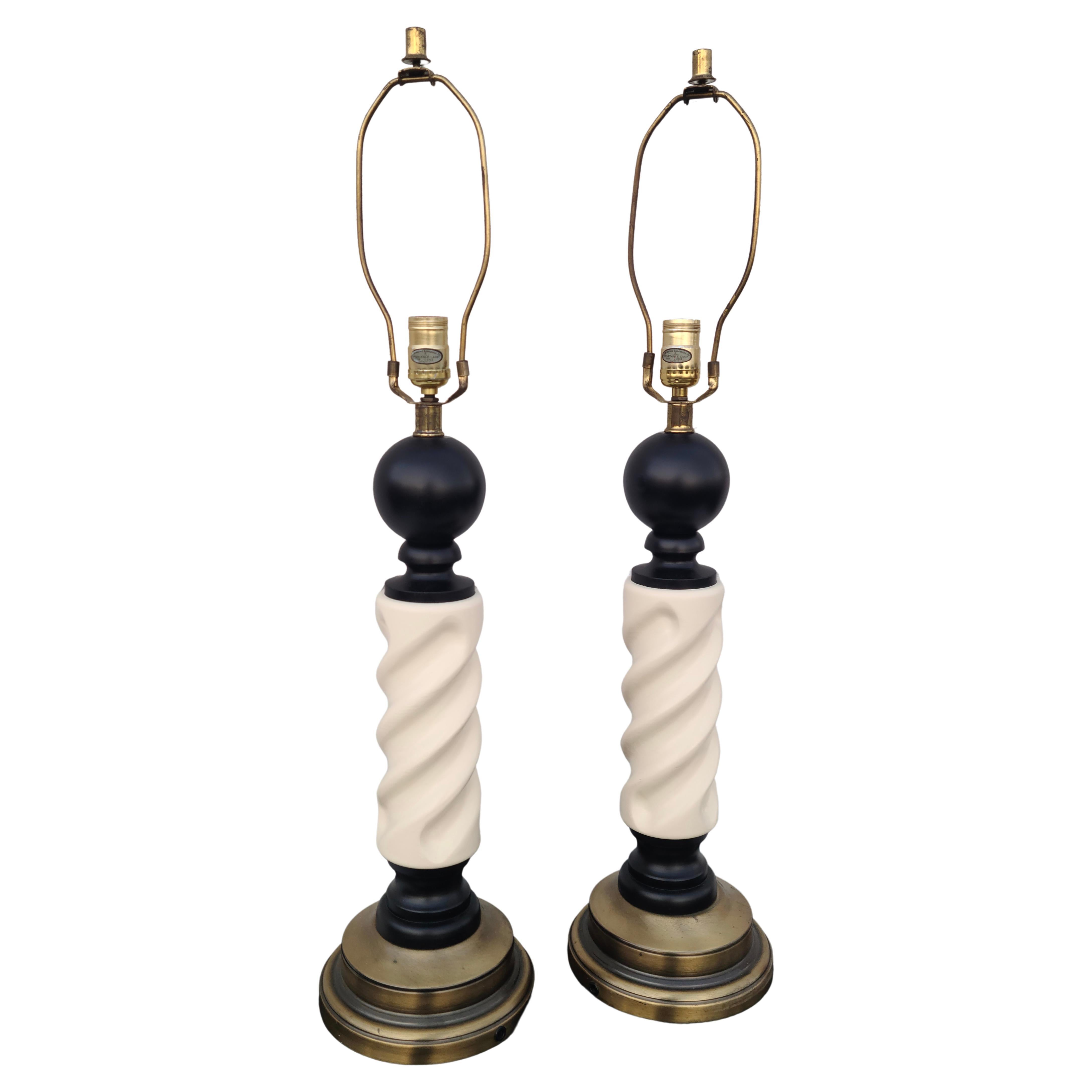 Mid-20th Century Pair Barber Lacquer and Brass Pole Lamps For Sale