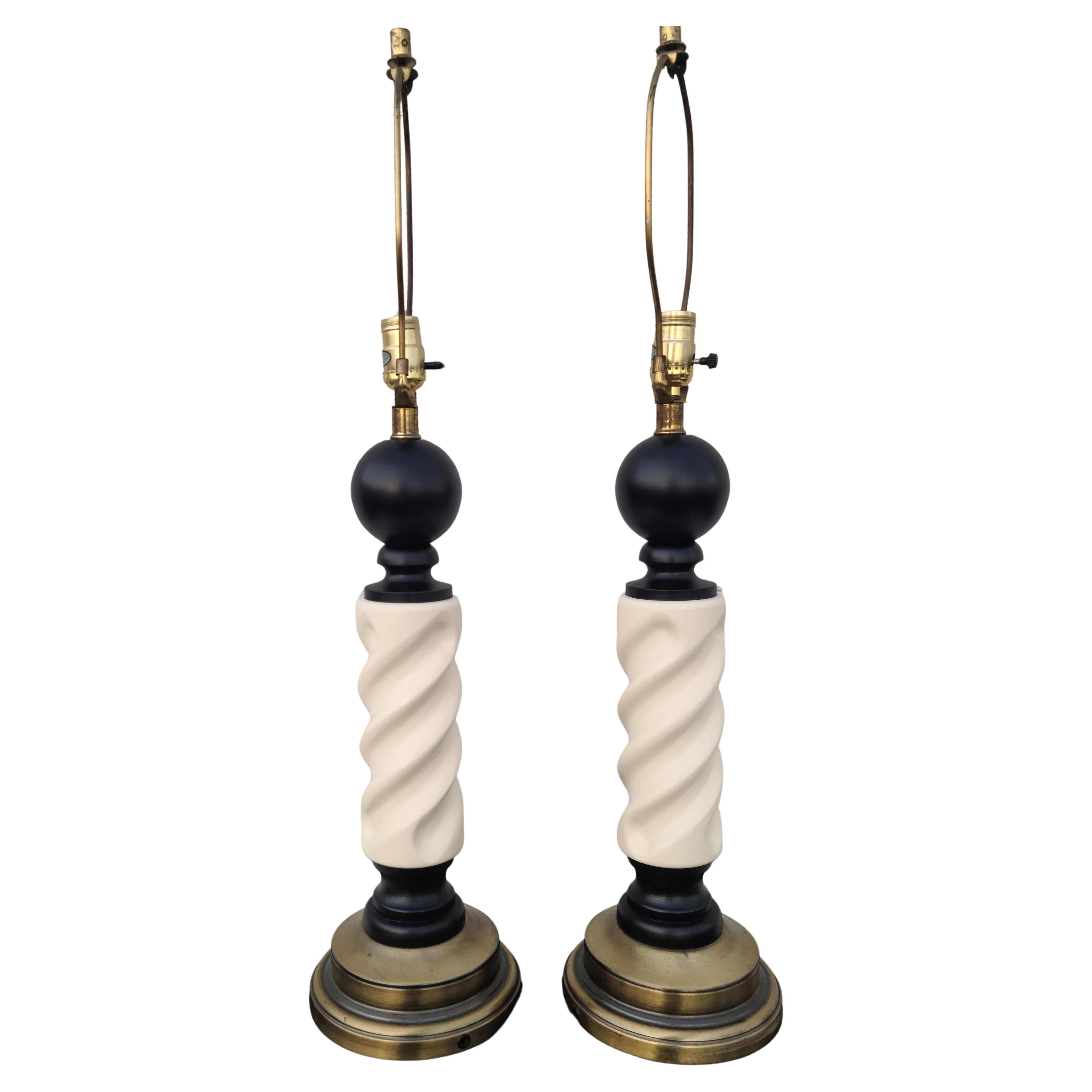 Pair Barber Lacquer and Brass Pole Lamps For Sale 2