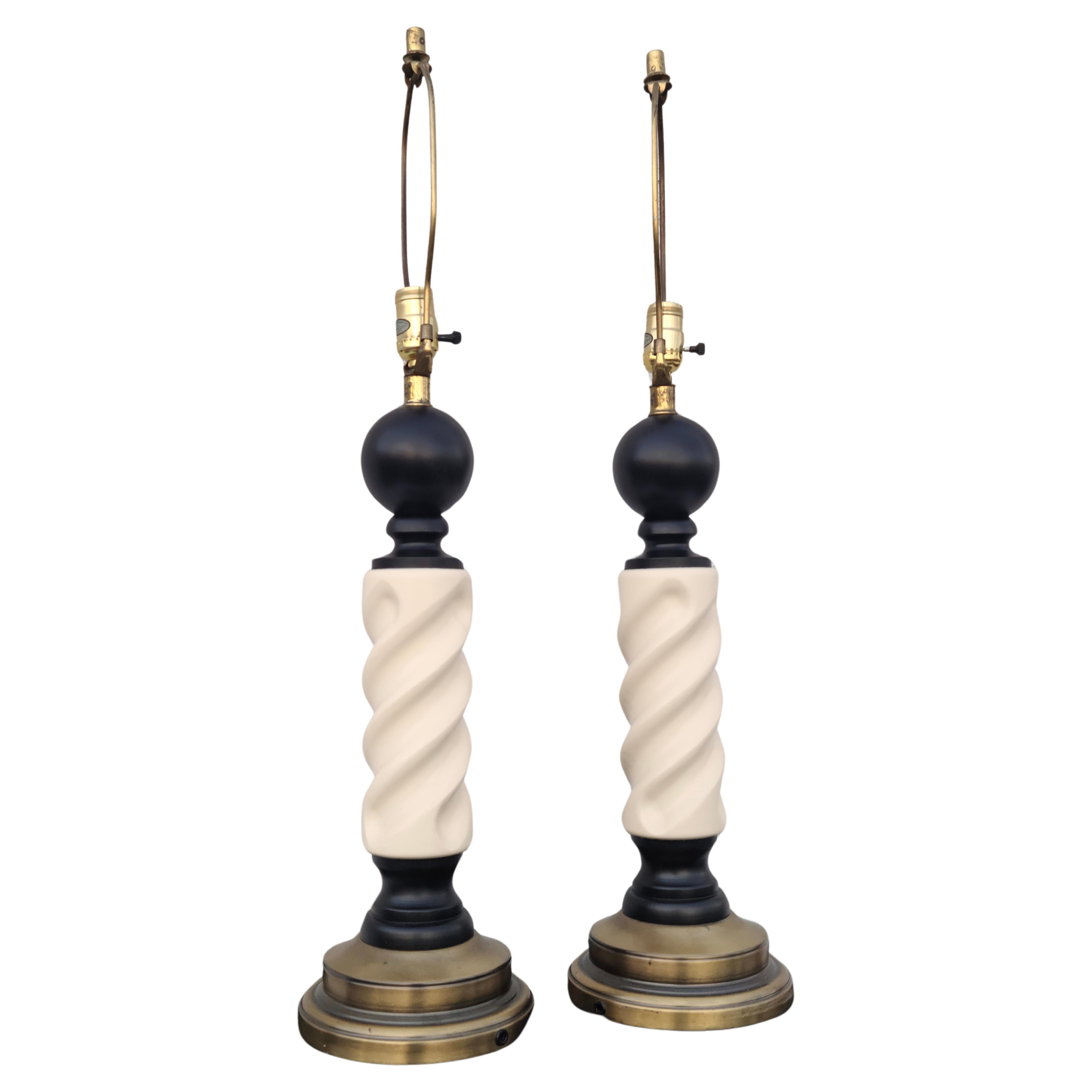 Pair Barber Lacquer and Brass Pole Lamps For Sale 3