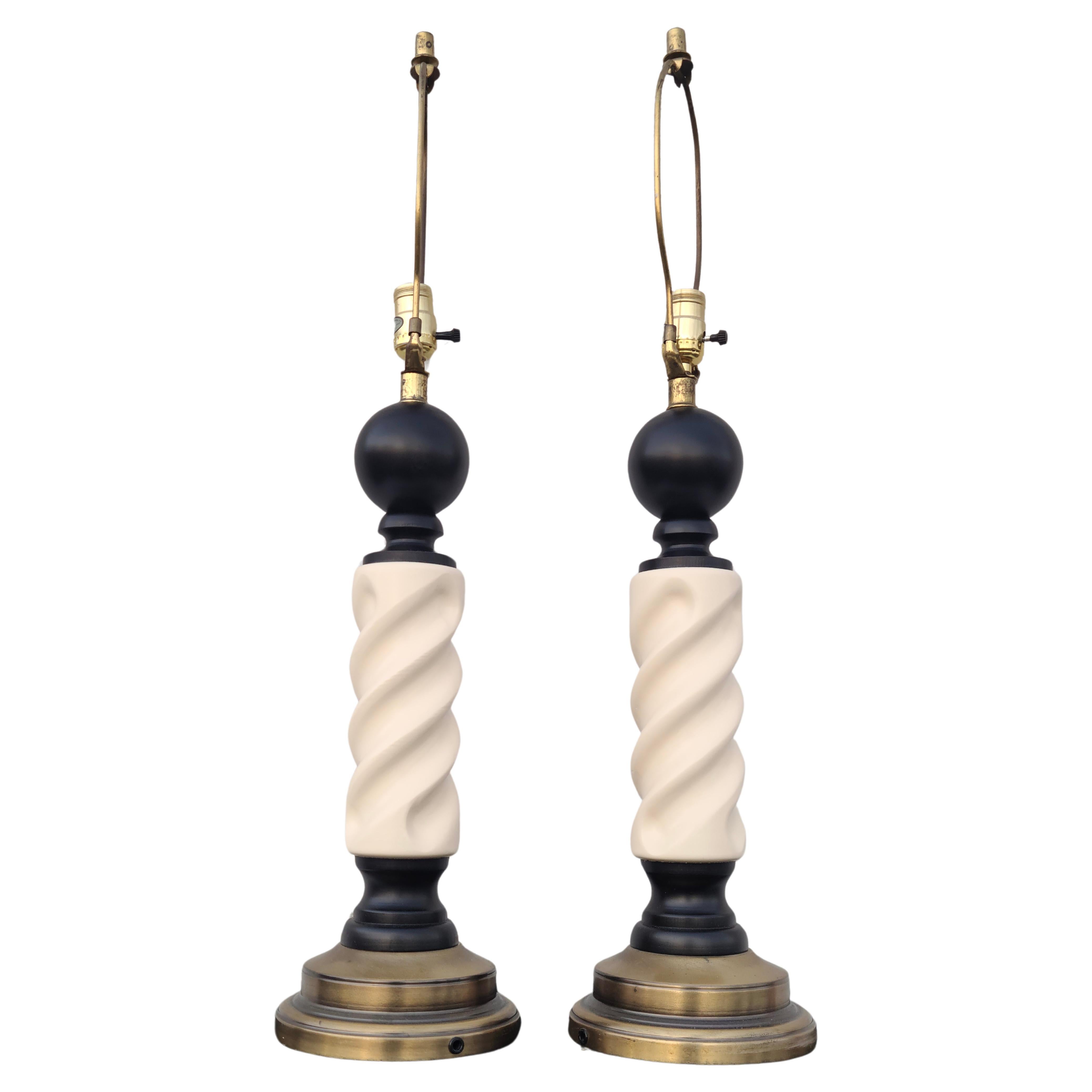 Pair Barber Lacquer and Brass Pole Lamps For Sale