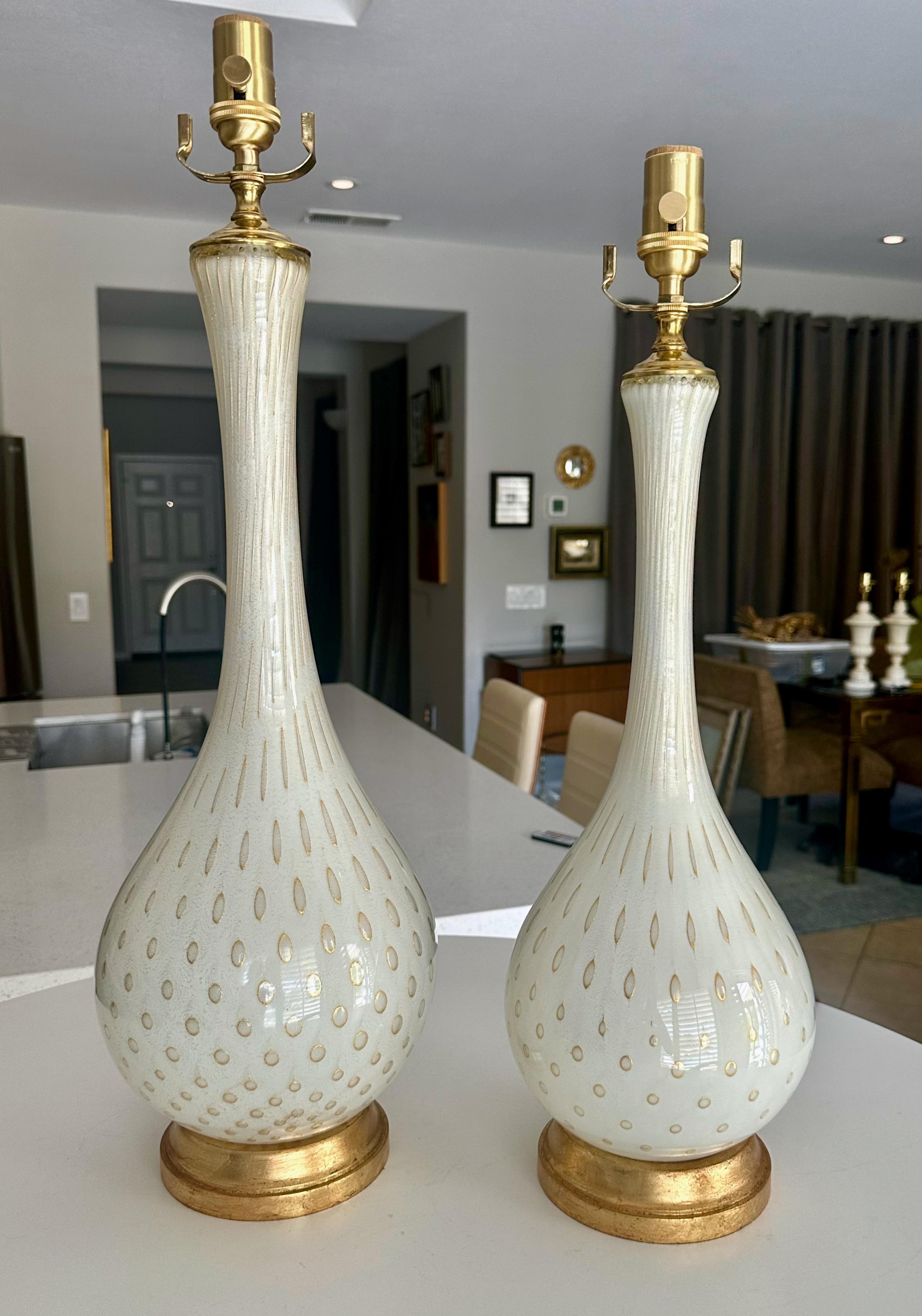 Pair Barbini Murano White Gold Glass Table Lamps For Sale 6