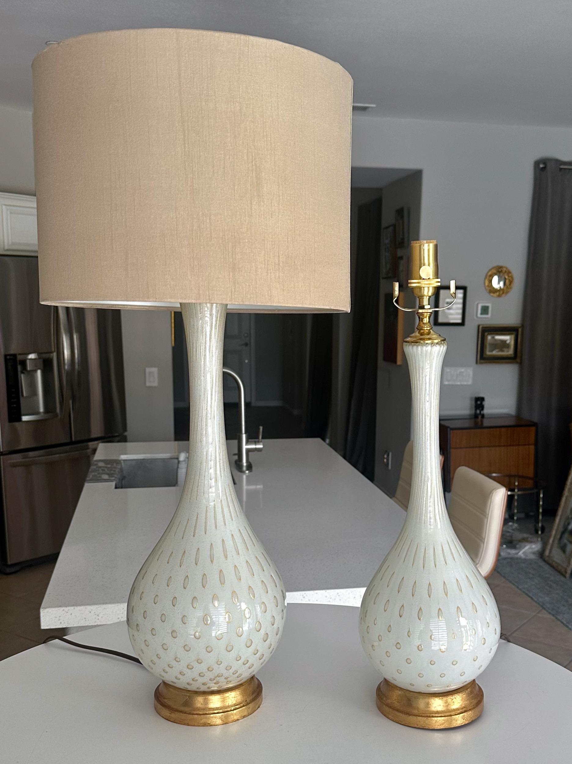 Pair Barbini Murano White Gold Glass Table Lamps For Sale 11