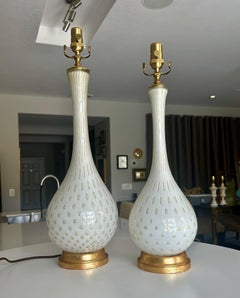 Pair Barbini Murano White Gold Glass Table Lamps