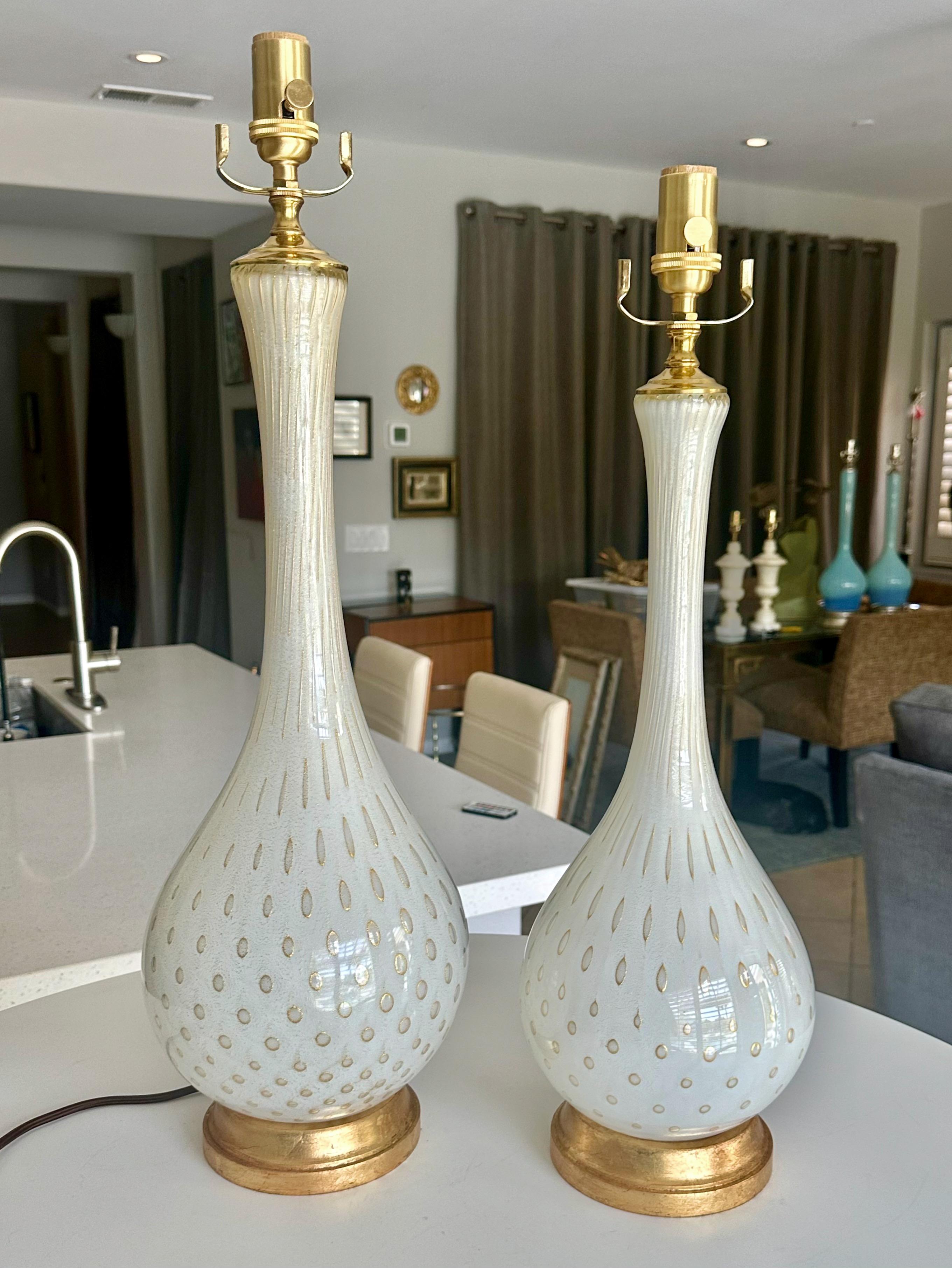 Italian Pair Barbini Murano White Gold Glass Table Lamps For Sale