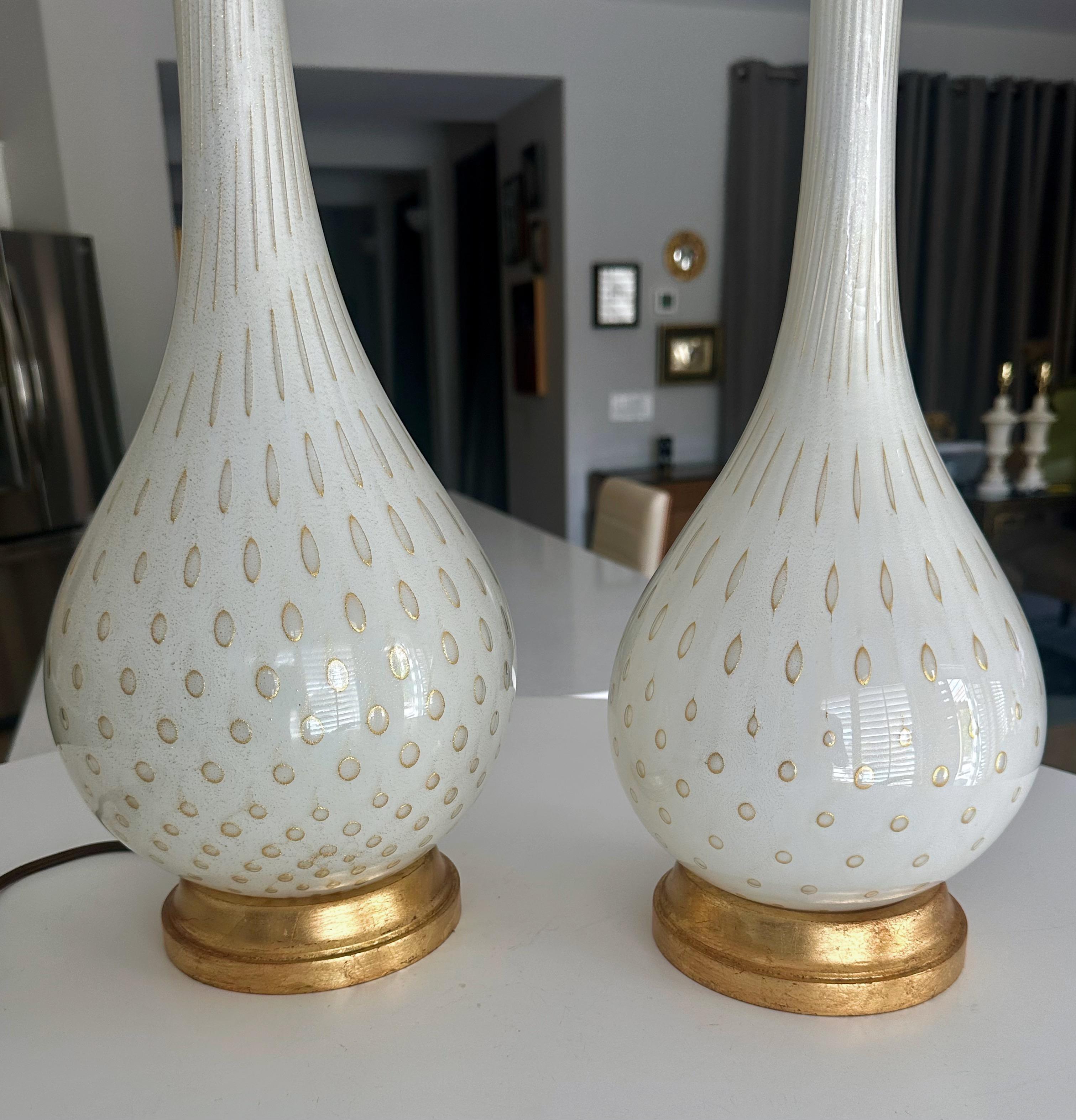 Mid-20th Century Pair Barbini Murano White Gold Glass Table Lamps For Sale