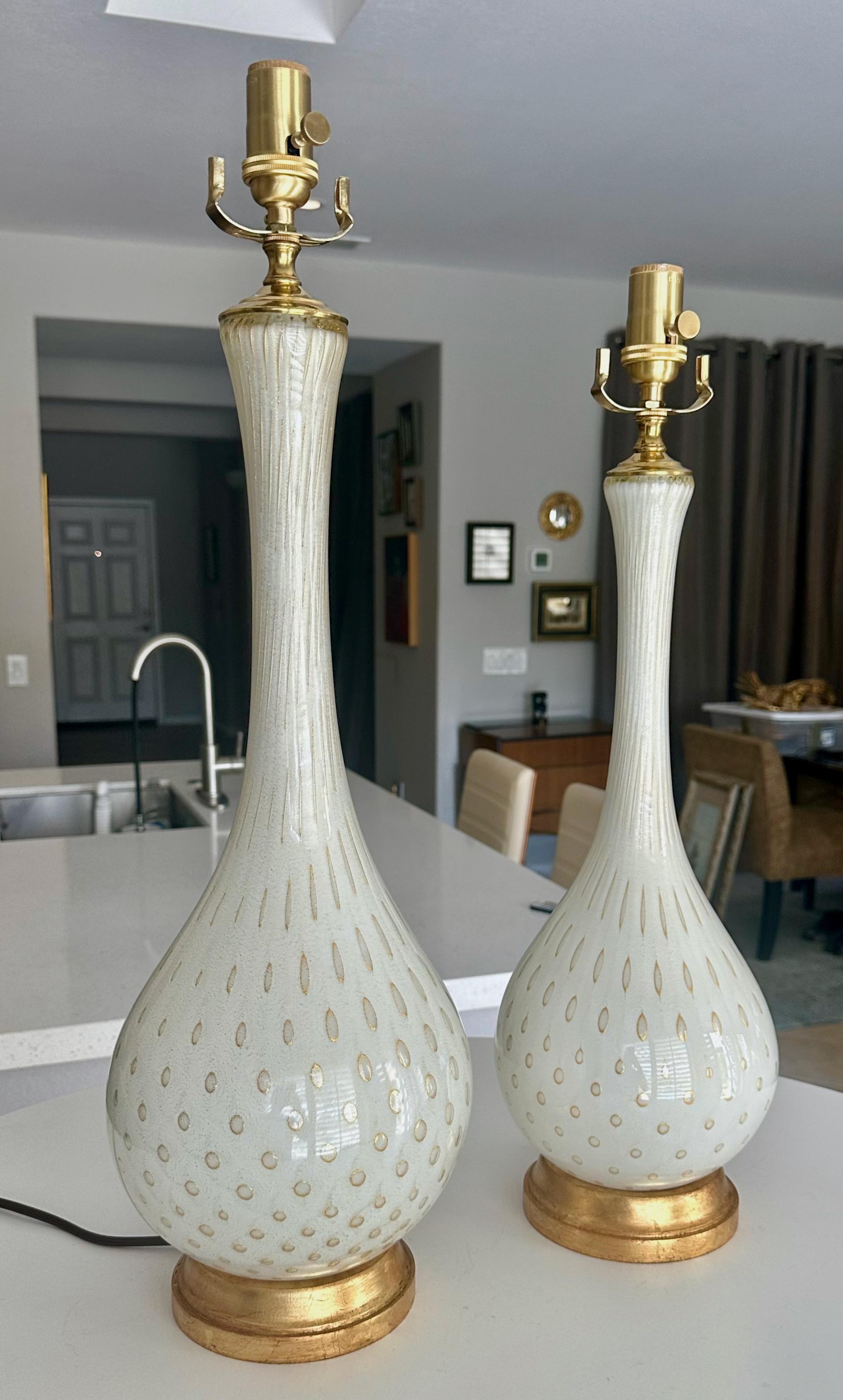 Blown Glass Pair Barbini Murano White Gold Glass Table Lamps For Sale