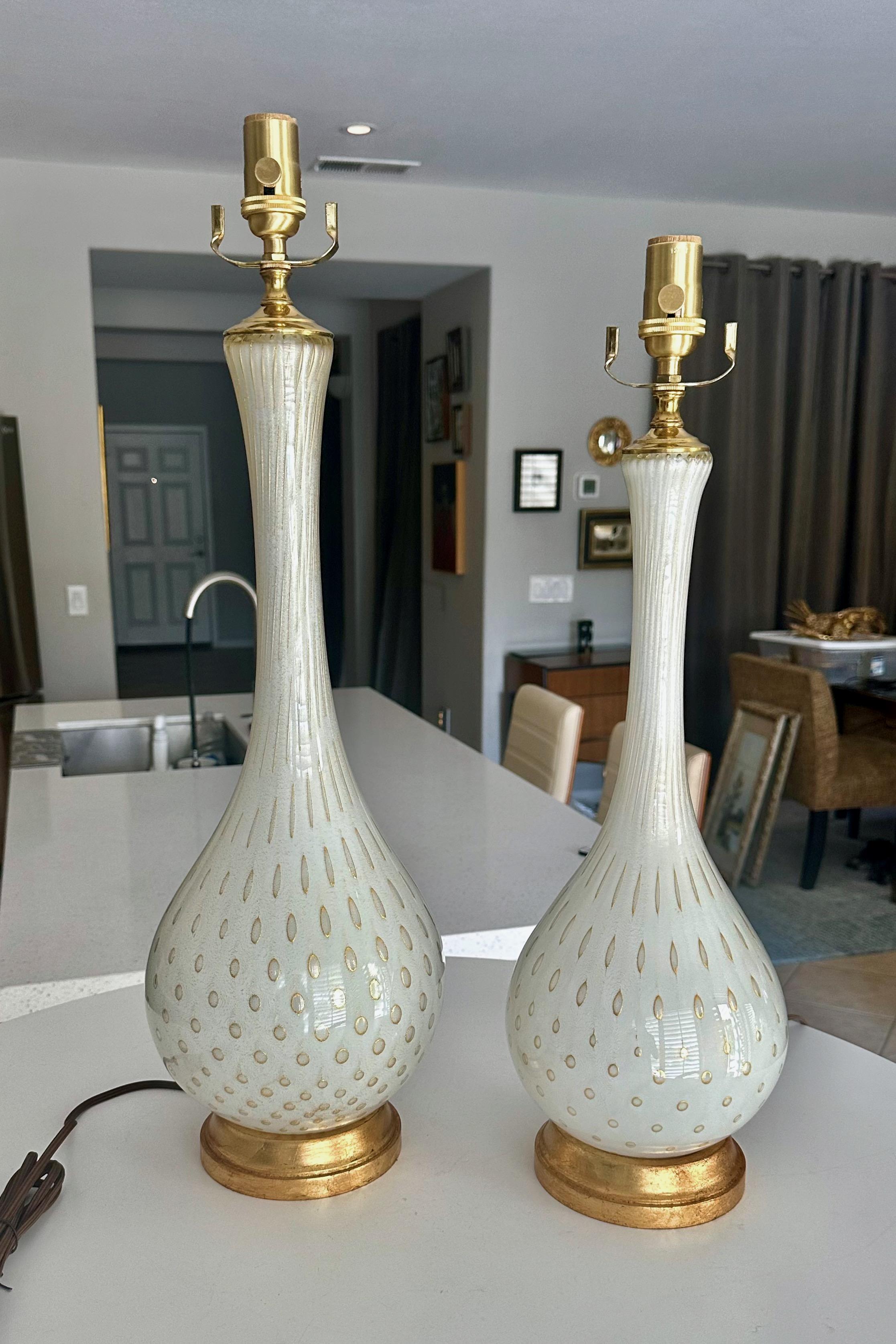 Pair Barbini Murano White Gold Glass Table Lamps For Sale 3