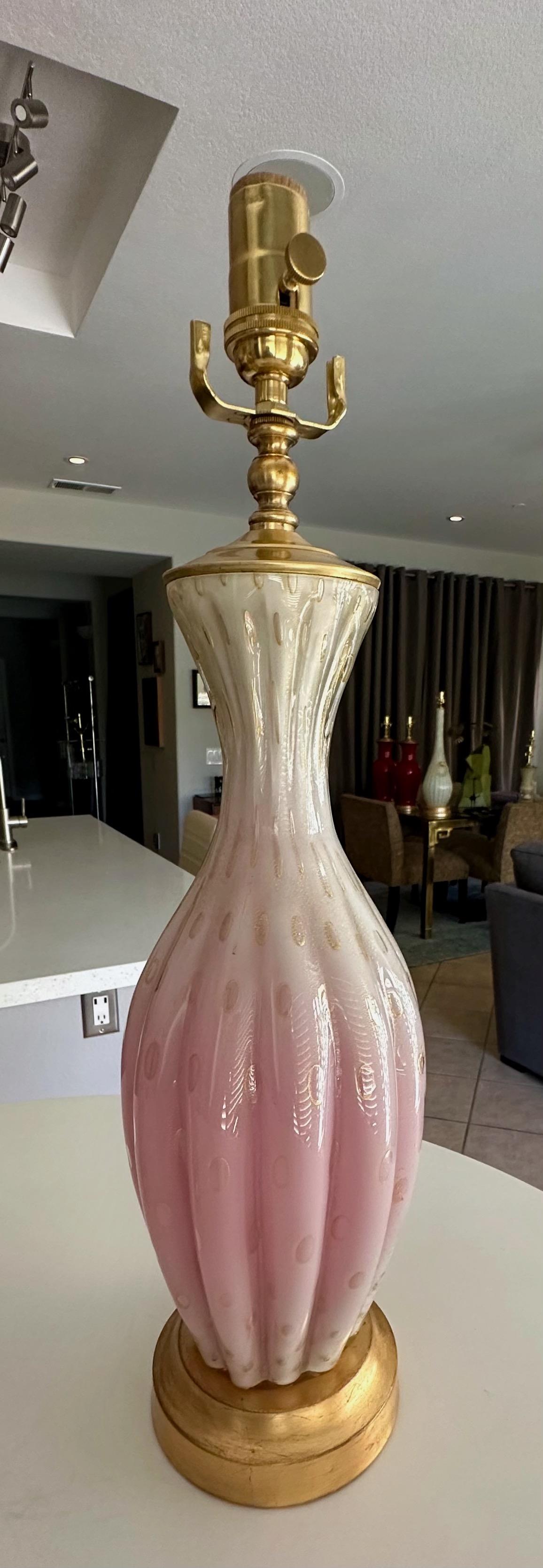 Pair Barbini White & Pink Gold Murano Glass Lamps For Sale 4