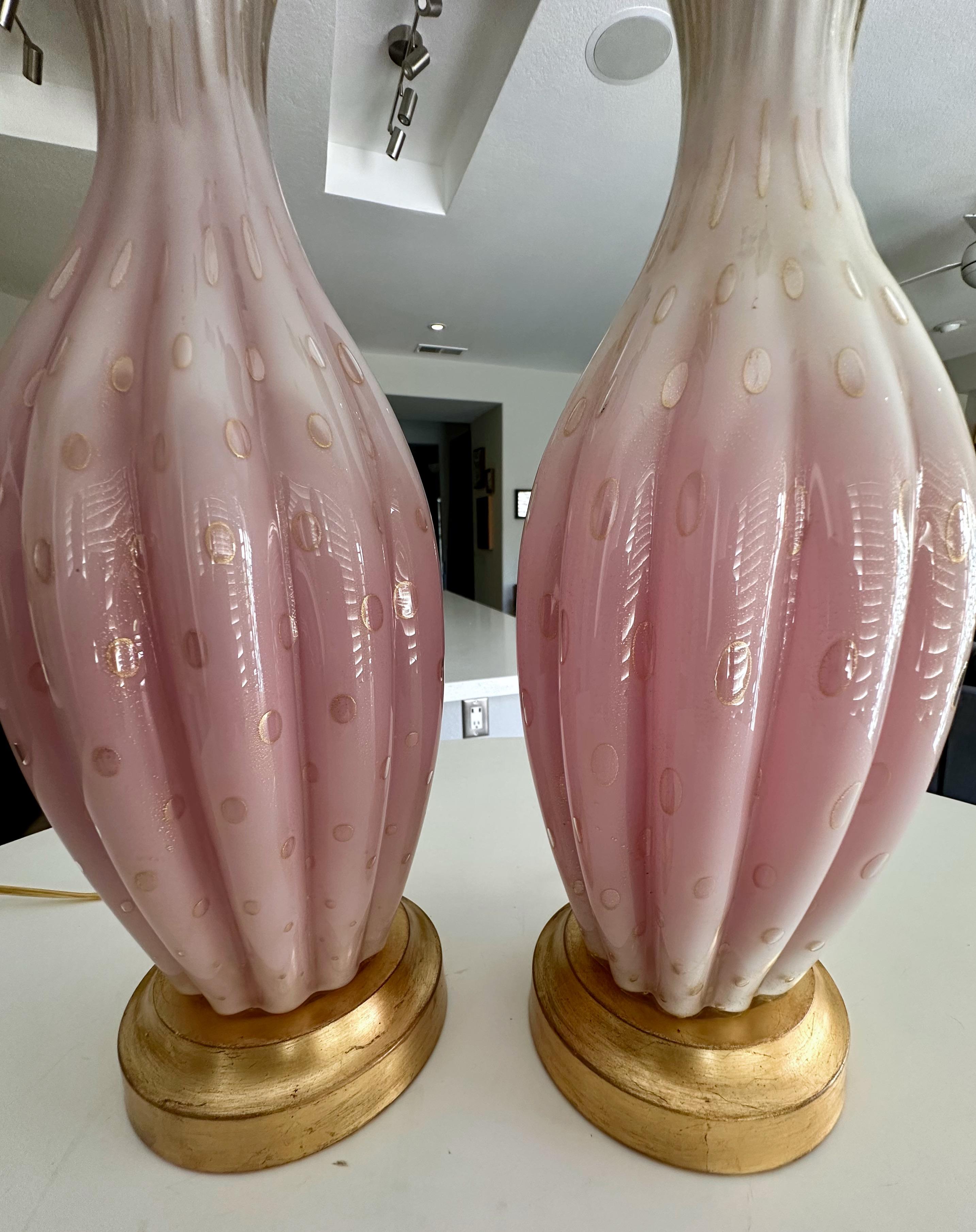 Pair Barbini White & Pink Gold Murano Glass Lamps For Sale 5
