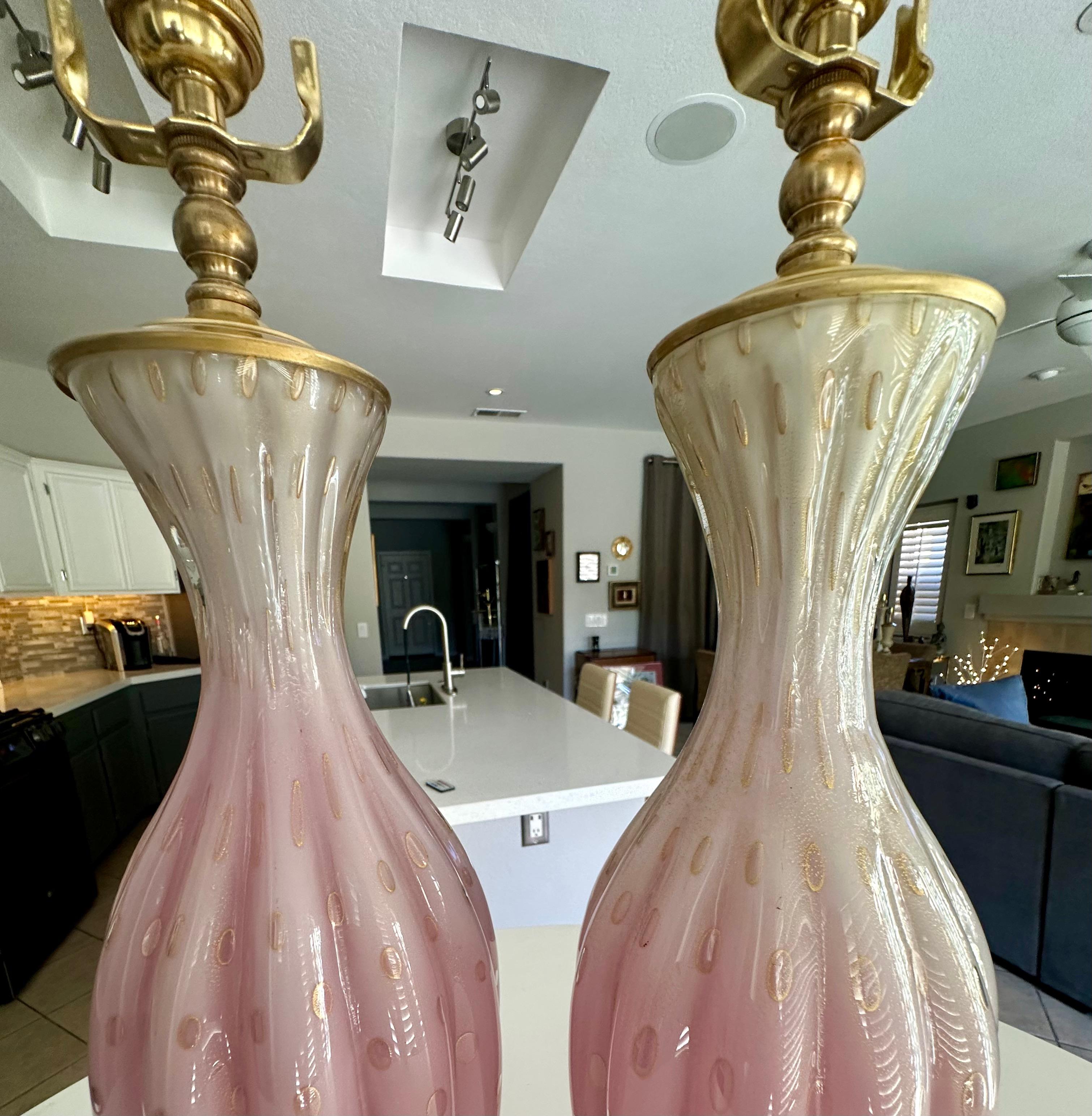 Pair Barbini White & Pink Gold Murano Glass Lamps For Sale 6