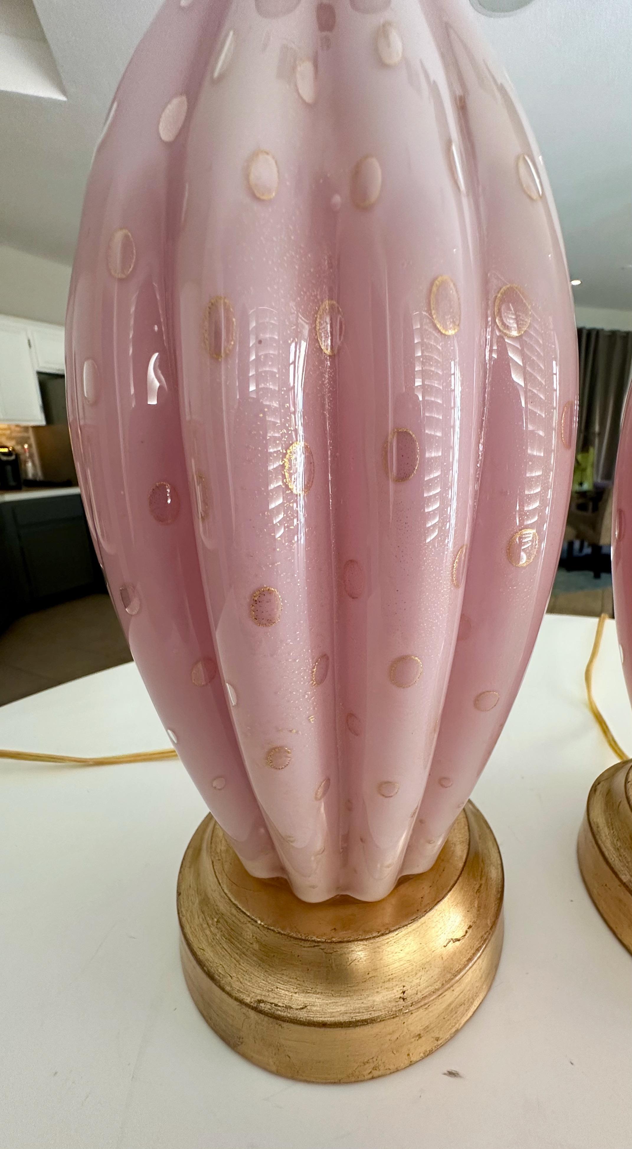 Pair Barbini White & Pink Gold Murano Glass Lamps For Sale 7