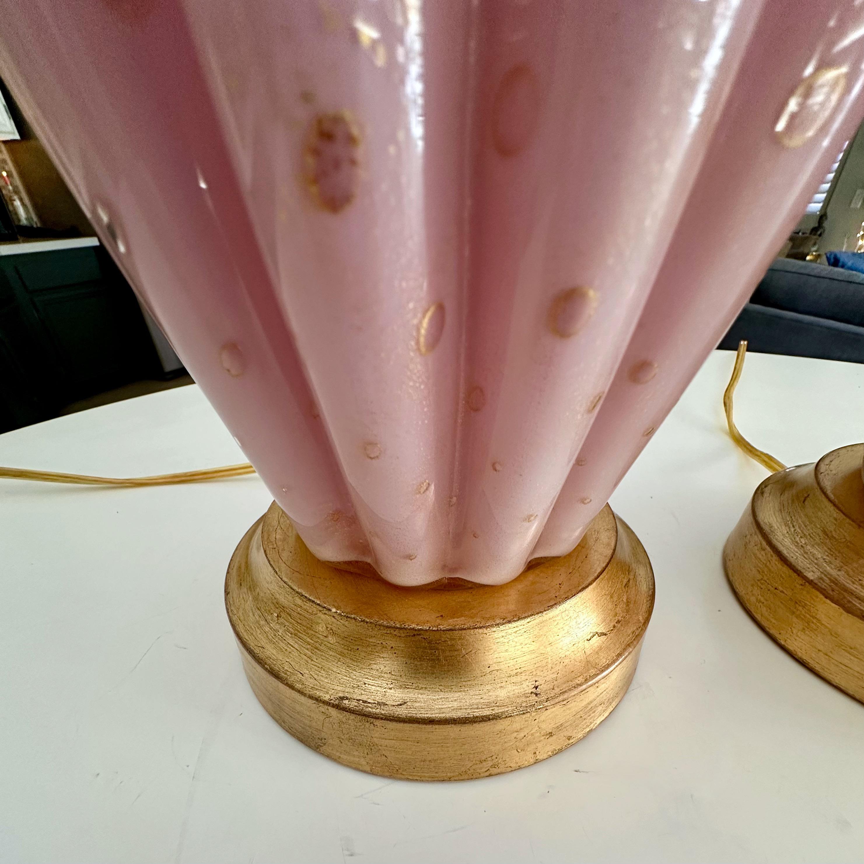 Pair Barbini White & Pink Gold Murano Glass Lamps For Sale 8