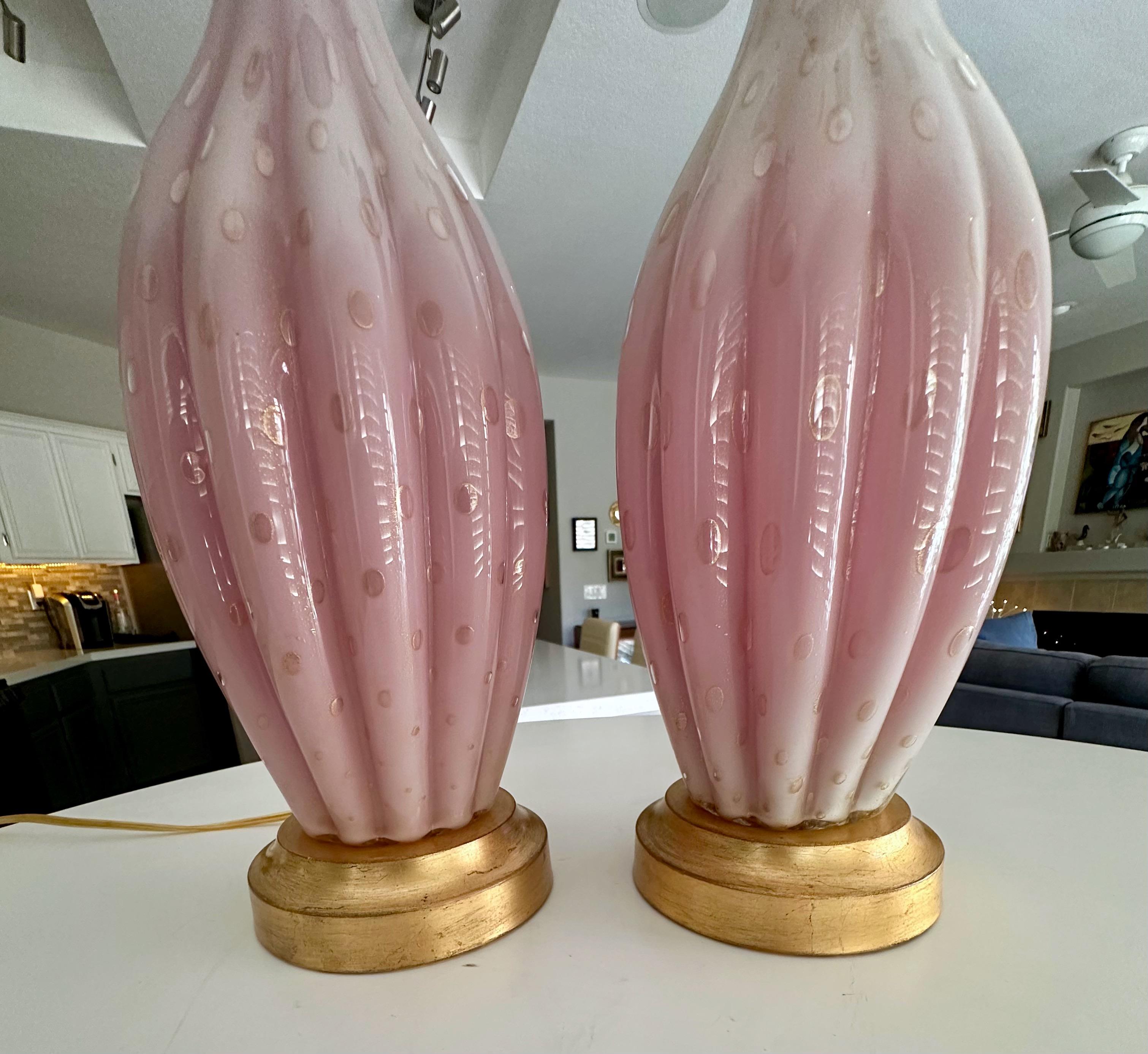 Pair Barbini White & Pink Gold Murano Glass Lamps For Sale 9