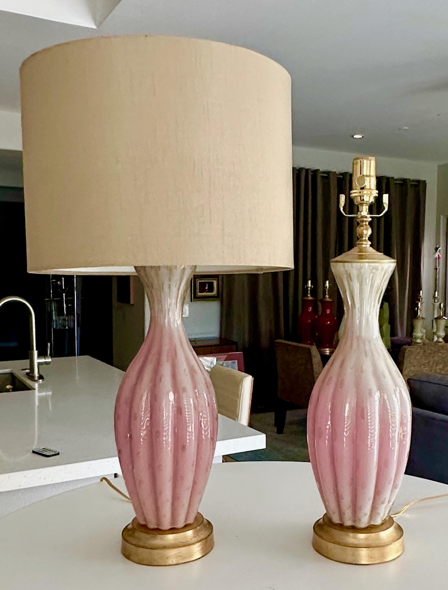 Pair Barbini White & Pink Gold Murano Glass Lamps For Sale 11