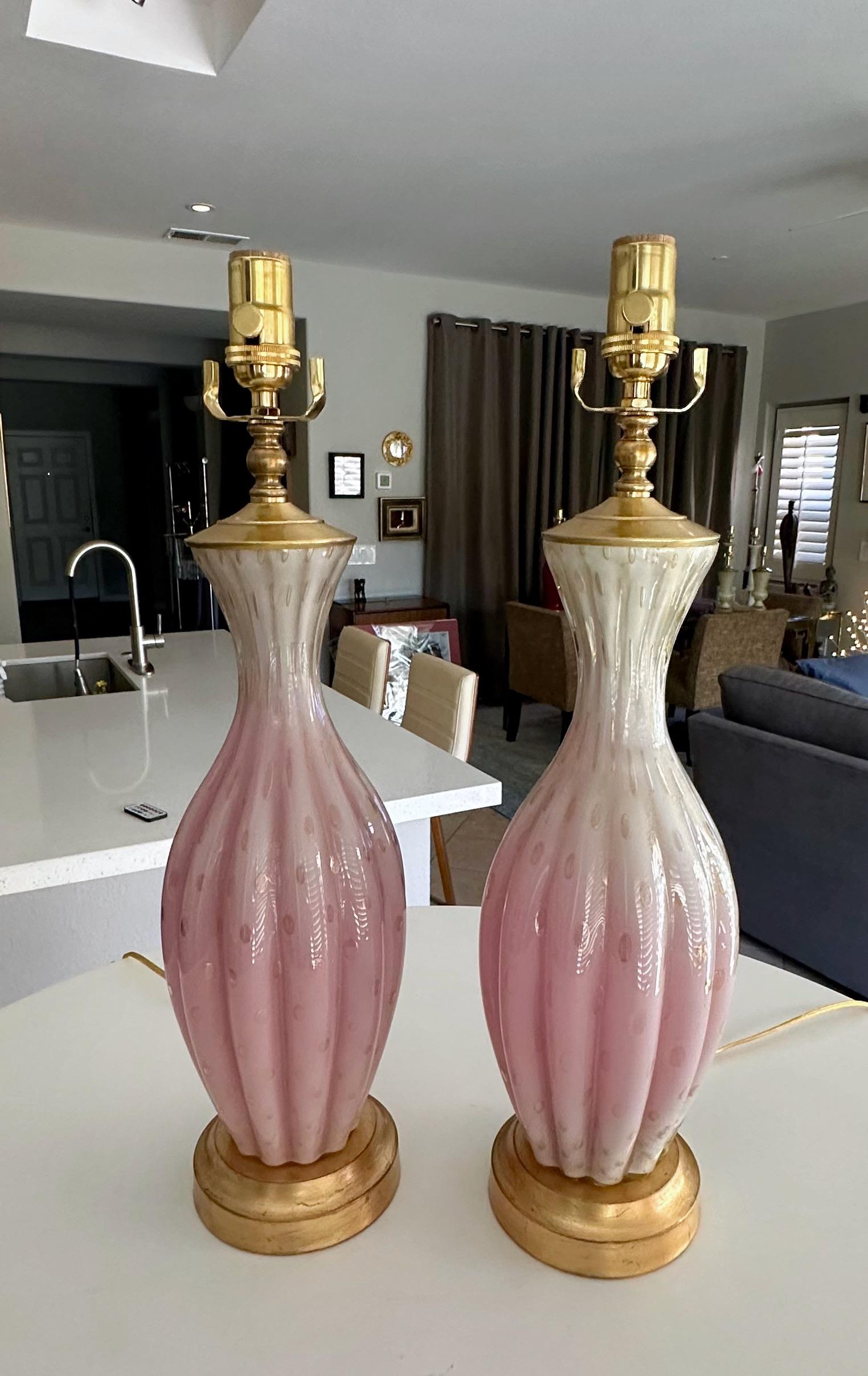 Pair Barbini White & Pink Gold Murano Glass Lamps For Sale 12