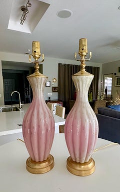Pair Barbini White & Pink Gold Murano Glass Lamps