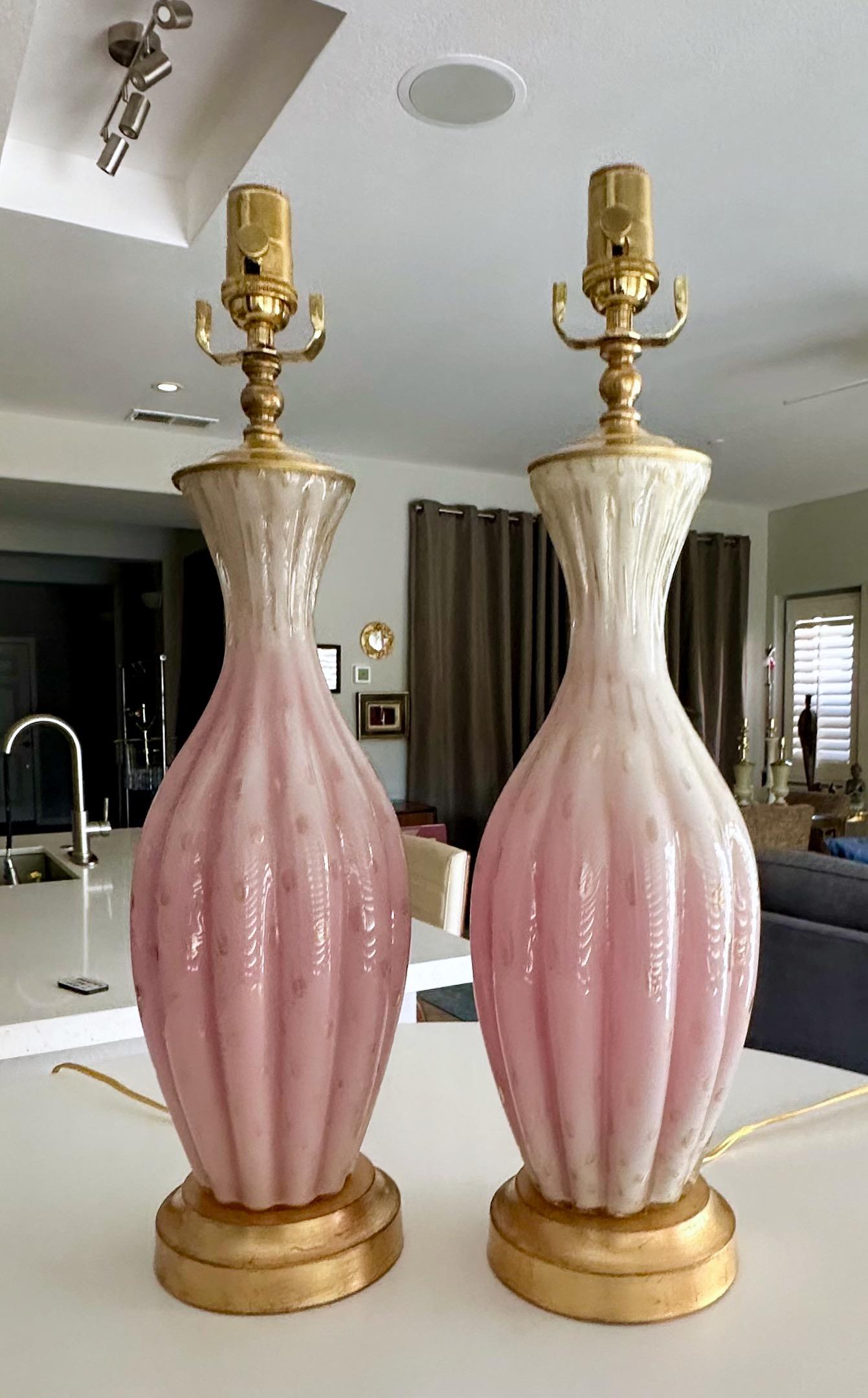 Italian Pair Barbini White & Pink Gold Murano Glass Lamps For Sale