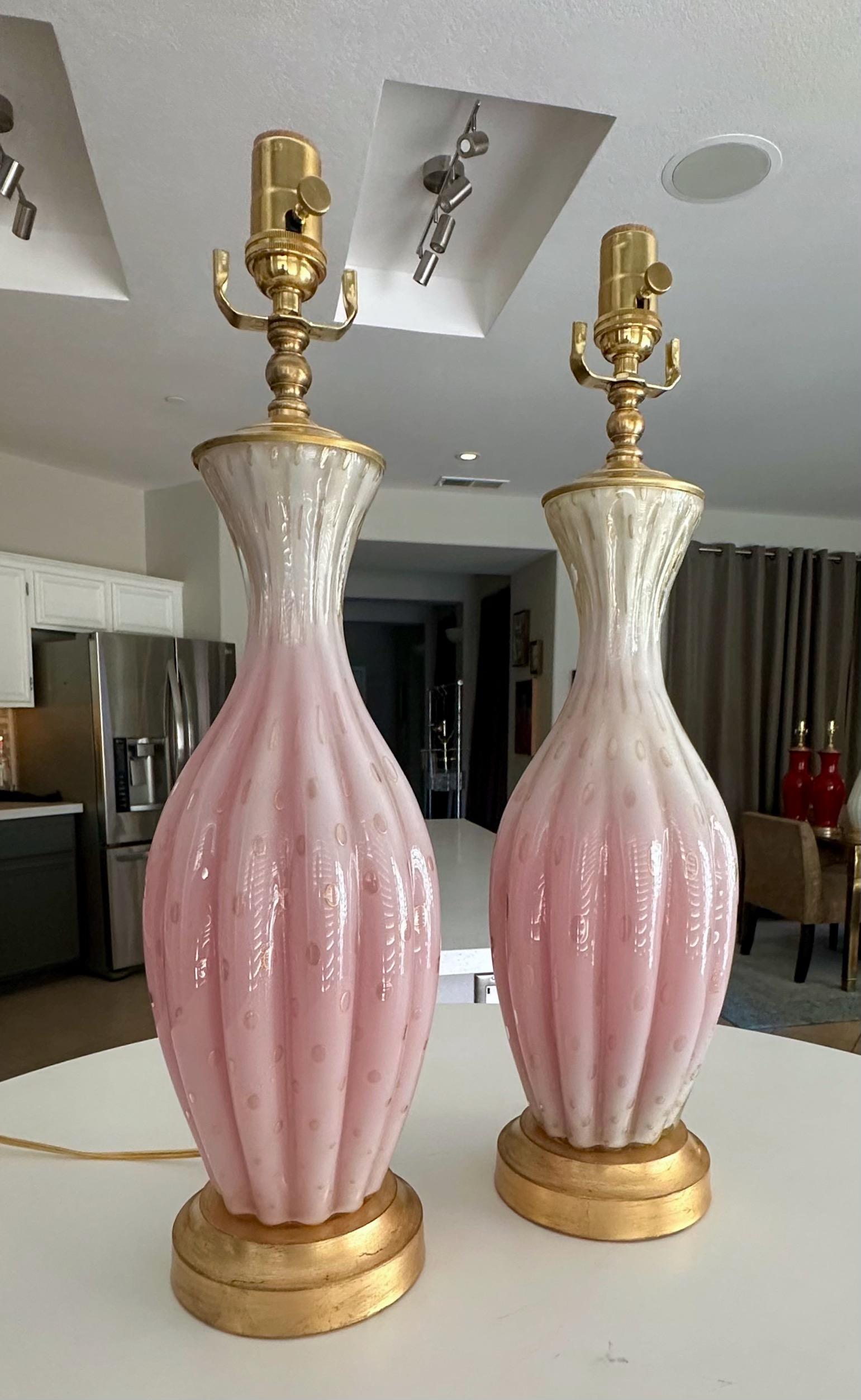 Mid-20th Century Pair Barbini White & Pink Gold Murano Glass Lamps For Sale