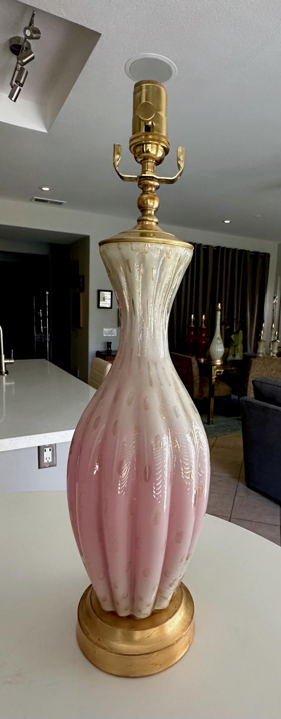 Brass Pair Barbini White & Pink Gold Murano Glass Lamps For Sale