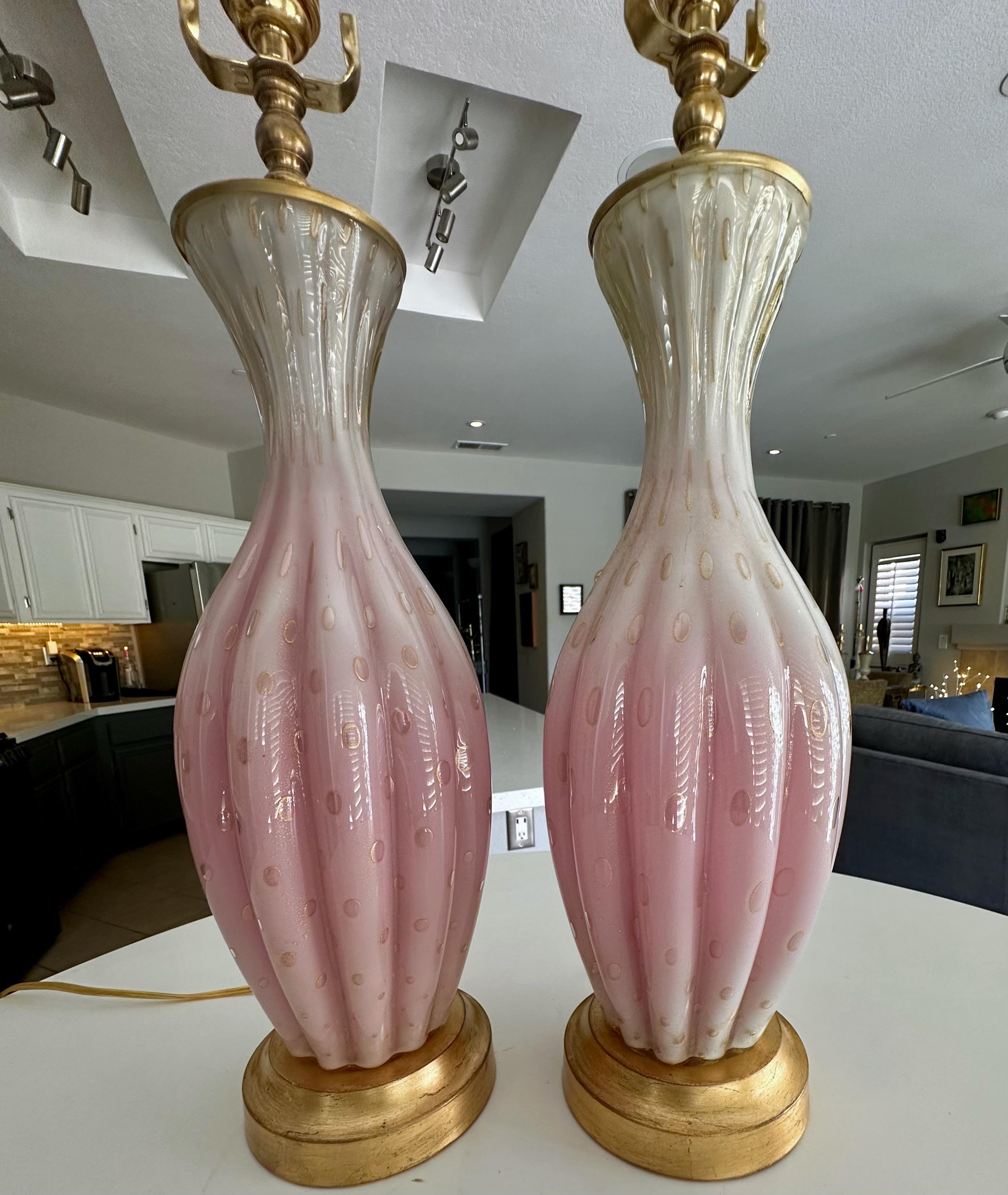 Pair Barbini White & Pink Gold Murano Glass Lamps For Sale 1
