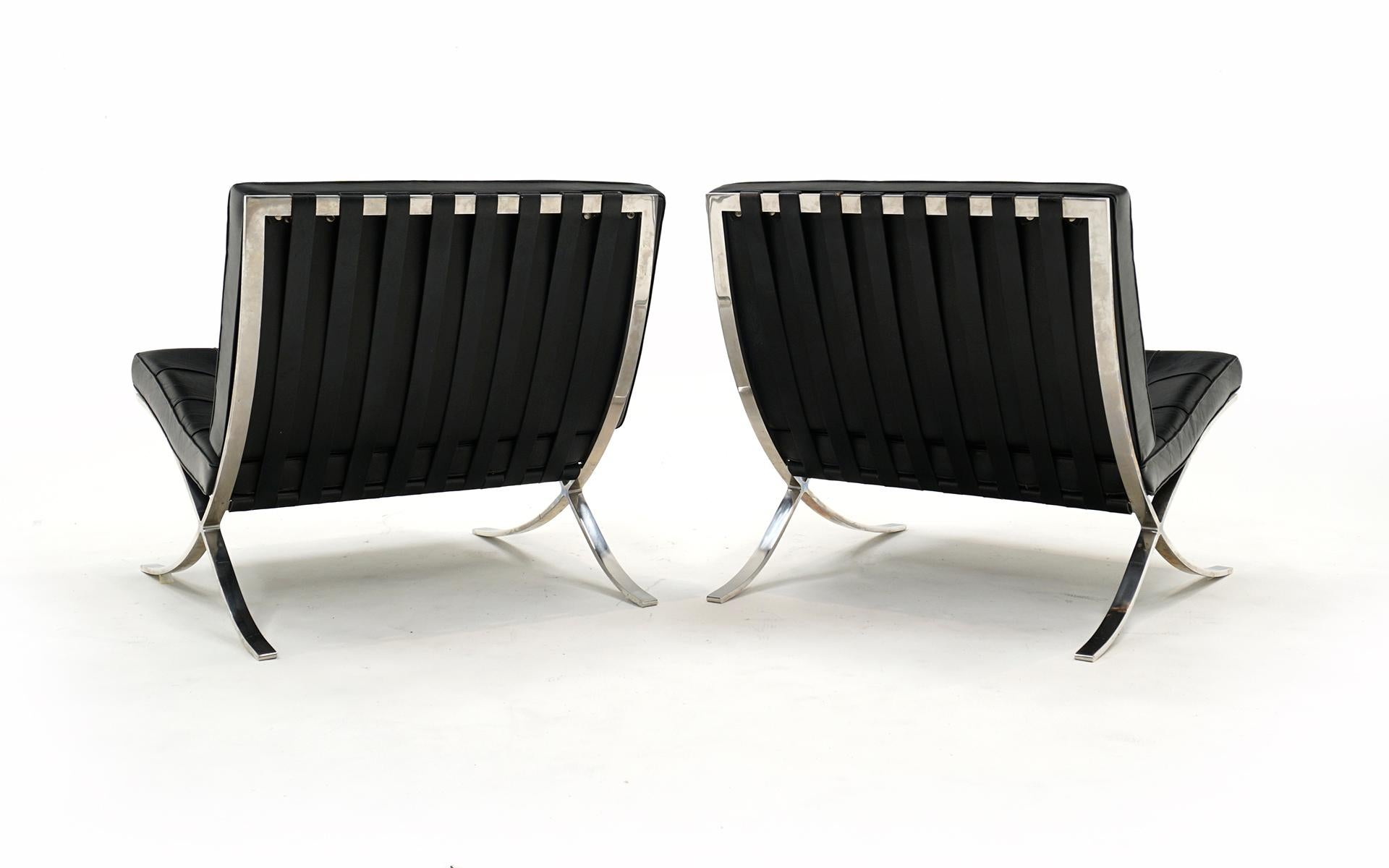 Pair Barcelona Chairs, Black Leather and Stainless Steel, Mies for Knoll, Signed For Sale 4