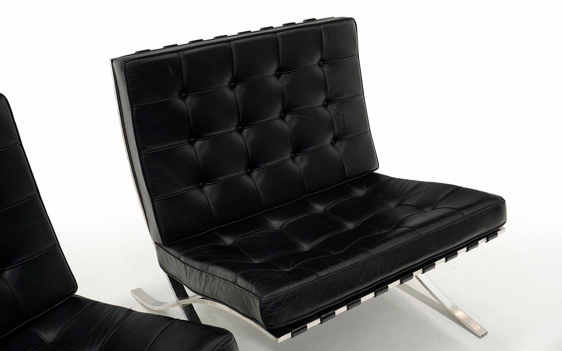 American Pair Barcelona Chairs, Black Leather and Stainless Steel, Mies for Knoll, Signed For Sale