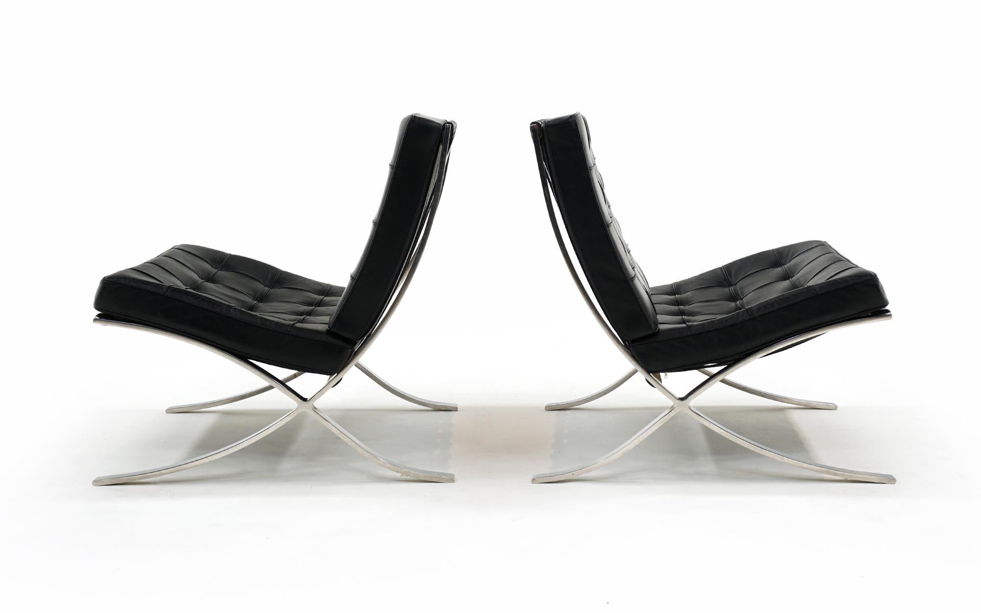 Late 20th Century Pair Barcelona Chairs, Black Leather and Stainless Steel, Mies for Knoll, Signed For Sale