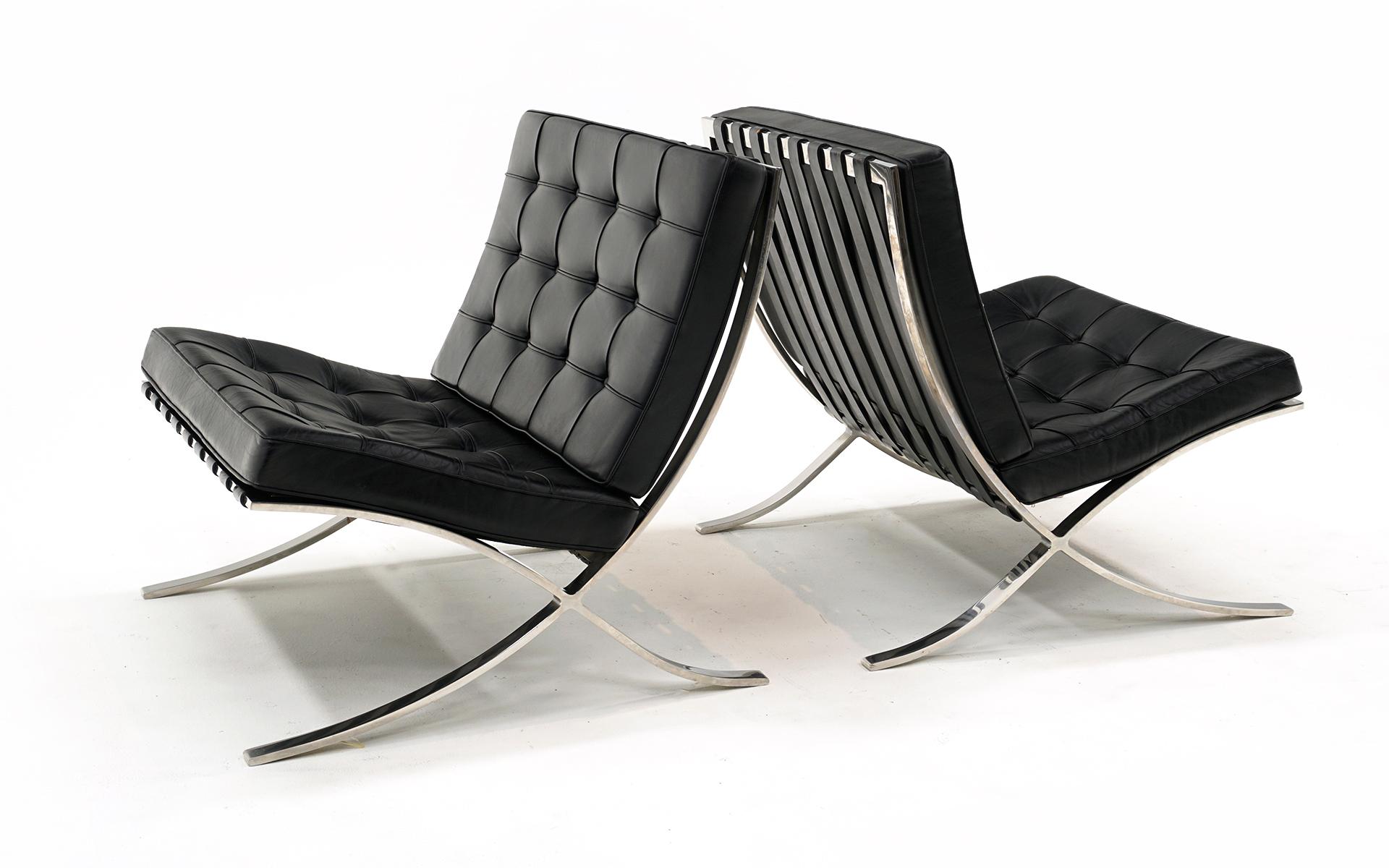 Pair Barcelona Chairs, Black Leather and Stainless Steel, Mies for Knoll, Signed For Sale 1