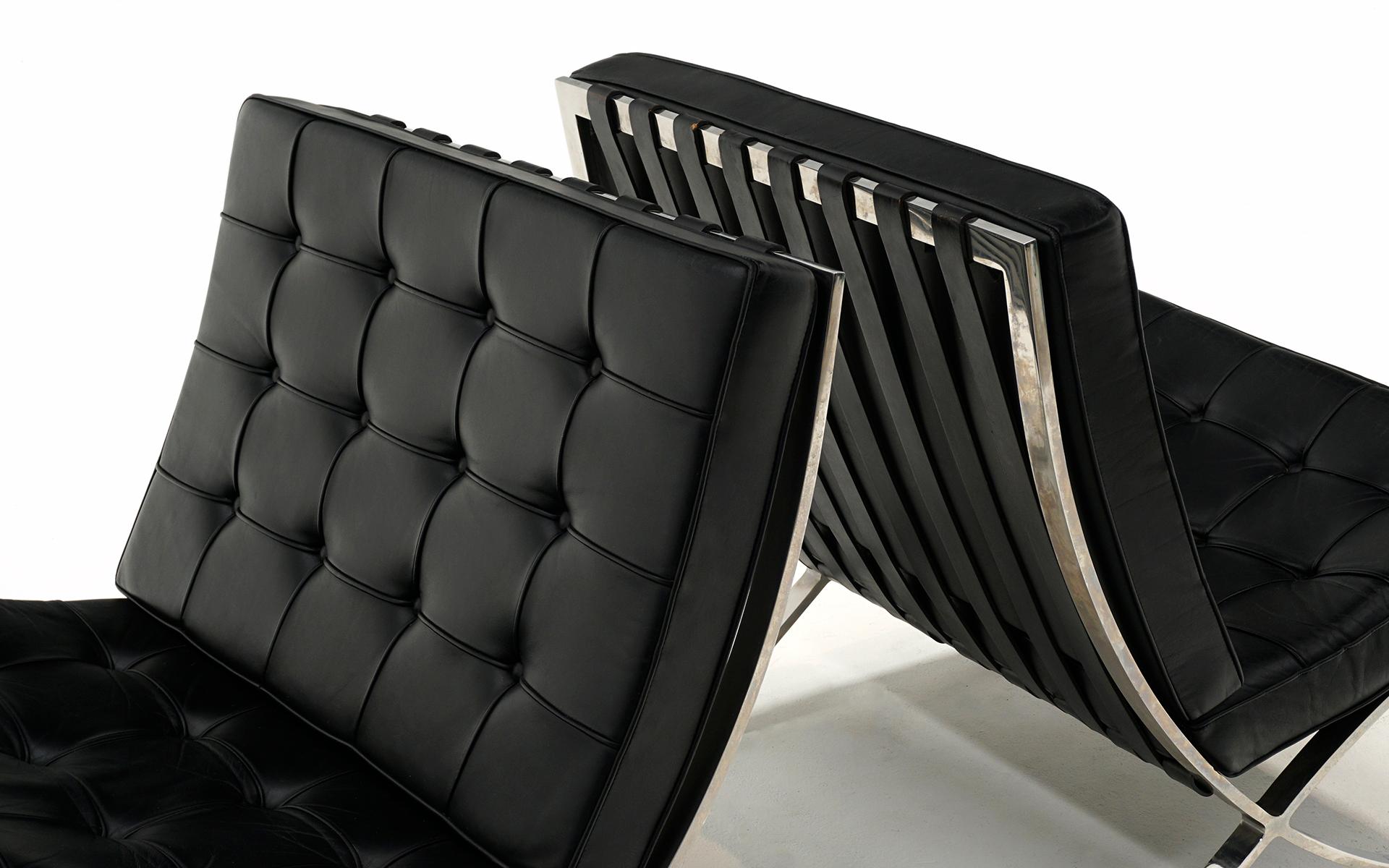 Pair Barcelona Chairs, Black Leather and Stainless Steel, Mies for Knoll, Signed For Sale 2