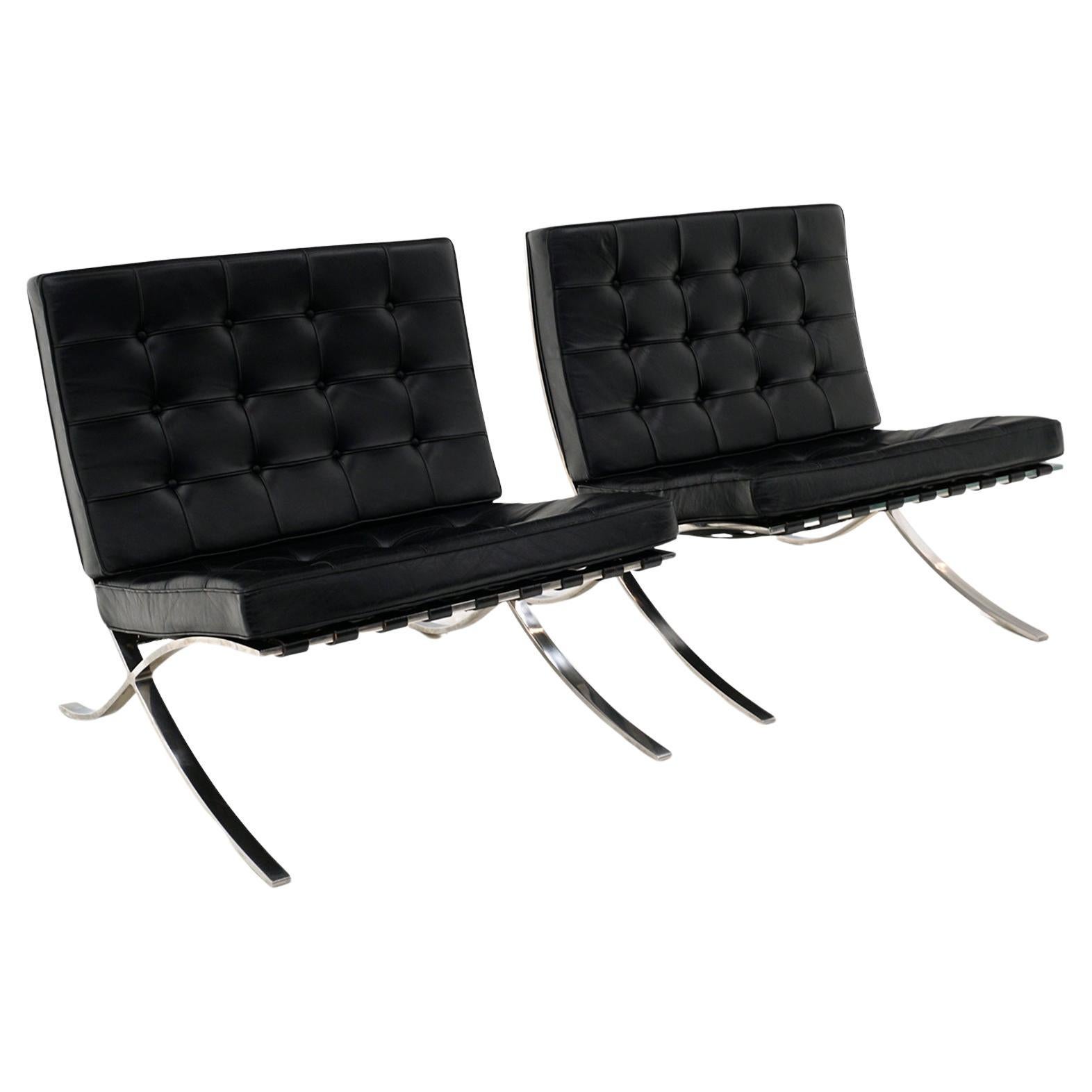 Pair Barcelona Chairs, Black Leather and Stainless Steel, Mies for Knoll, Signed For Sale