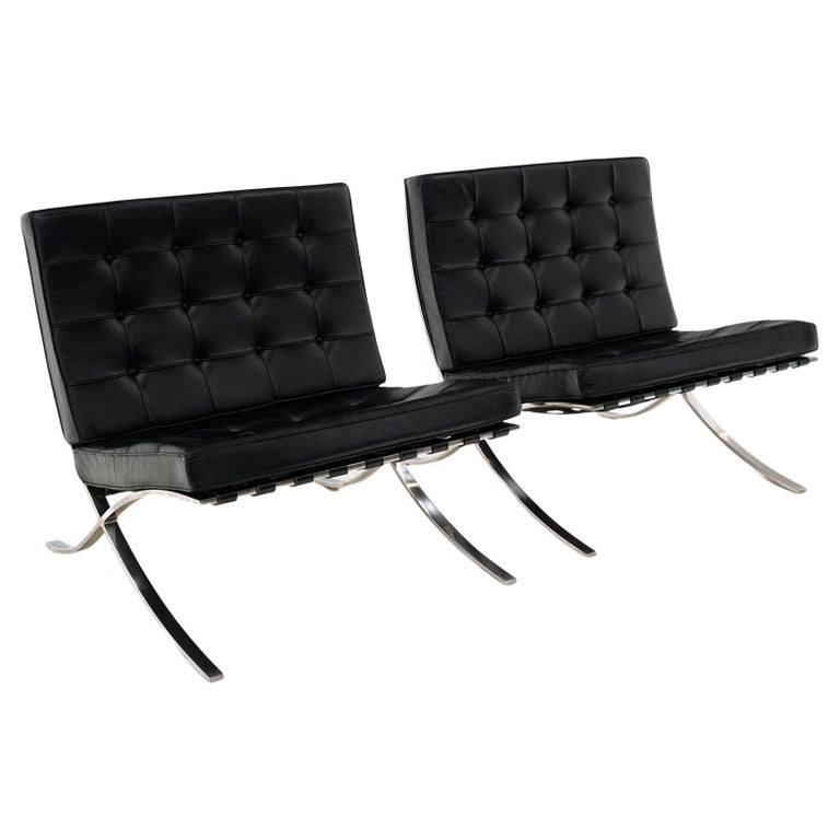 Pair Barcelona Chairs, Black Leather and Stainless Steel, Mies for