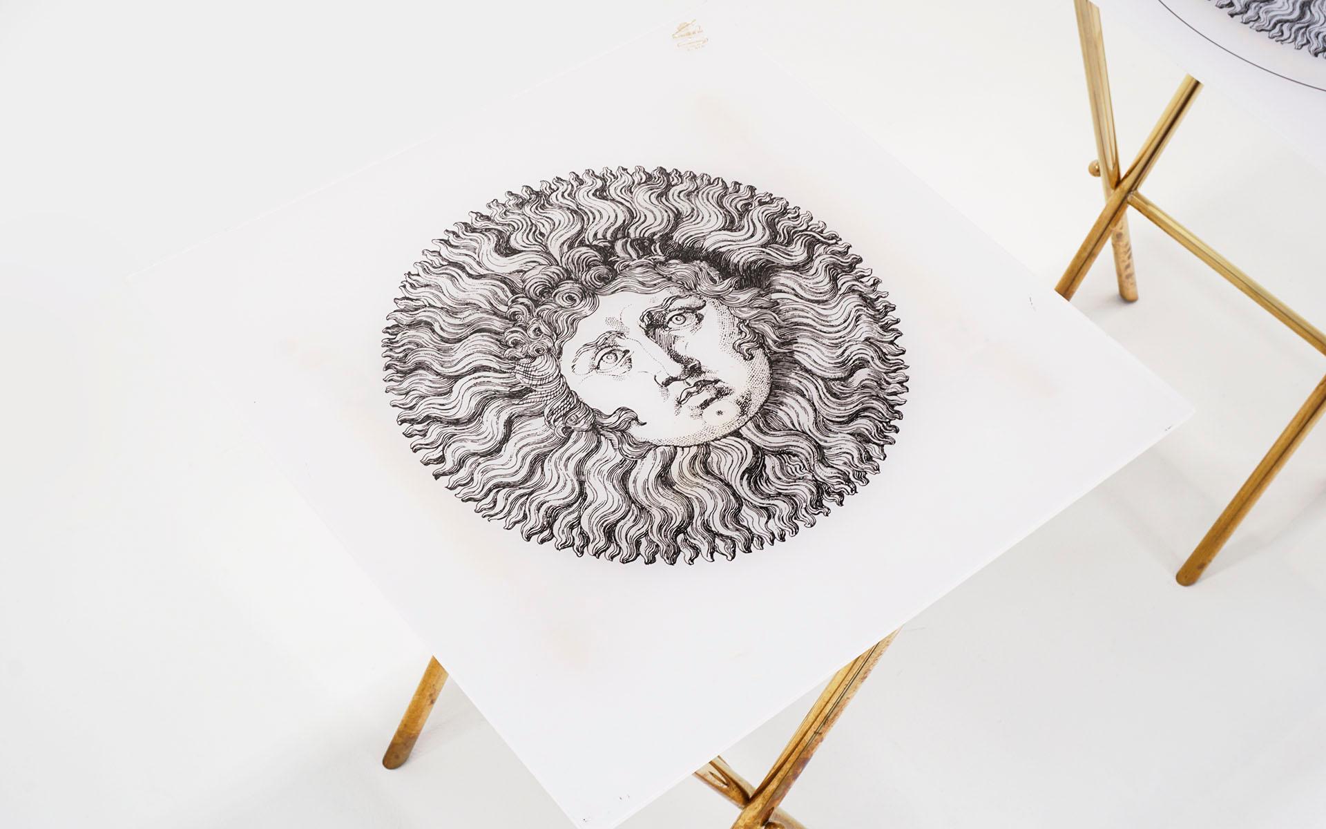 Modern Pair of Barnaba Fornasetti Tray Tables, Acrylic Tops, Brass Folding Bases Signed