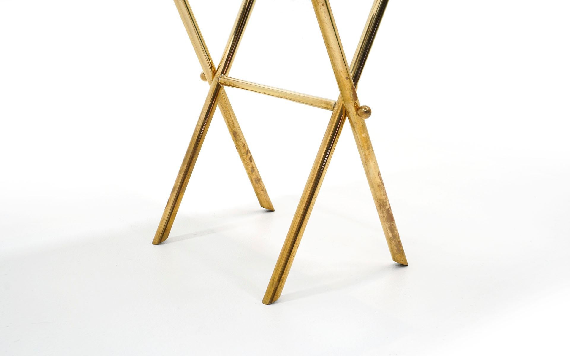 Pair of Barnaba Fornasetti Tray Tables, Acrylic Tops, Brass Folding Bases Signed In Good Condition In Kansas City, MO