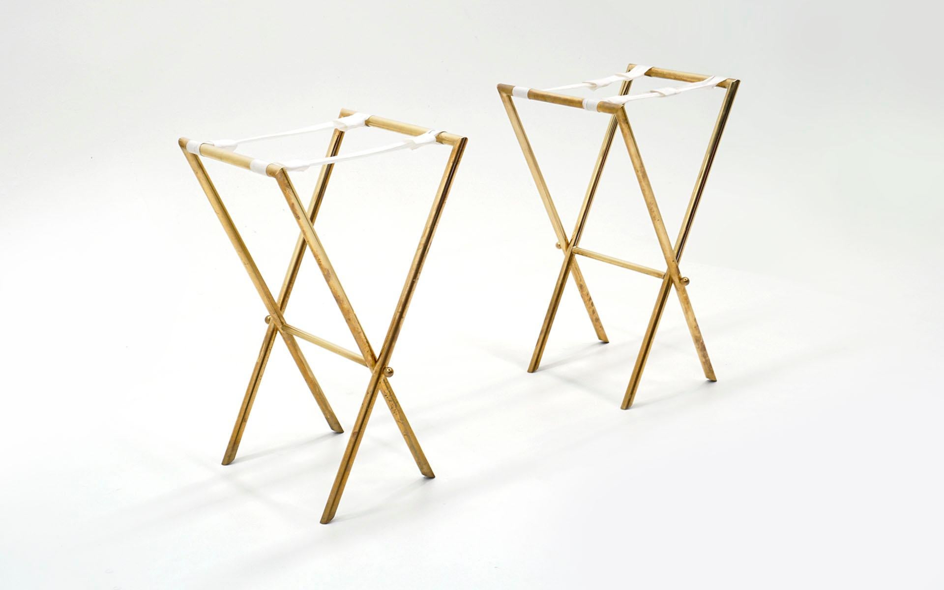 Pair of Barnaba Fornasetti Tray Tables, Acrylic Tops, Brass Folding Bases Signed 1