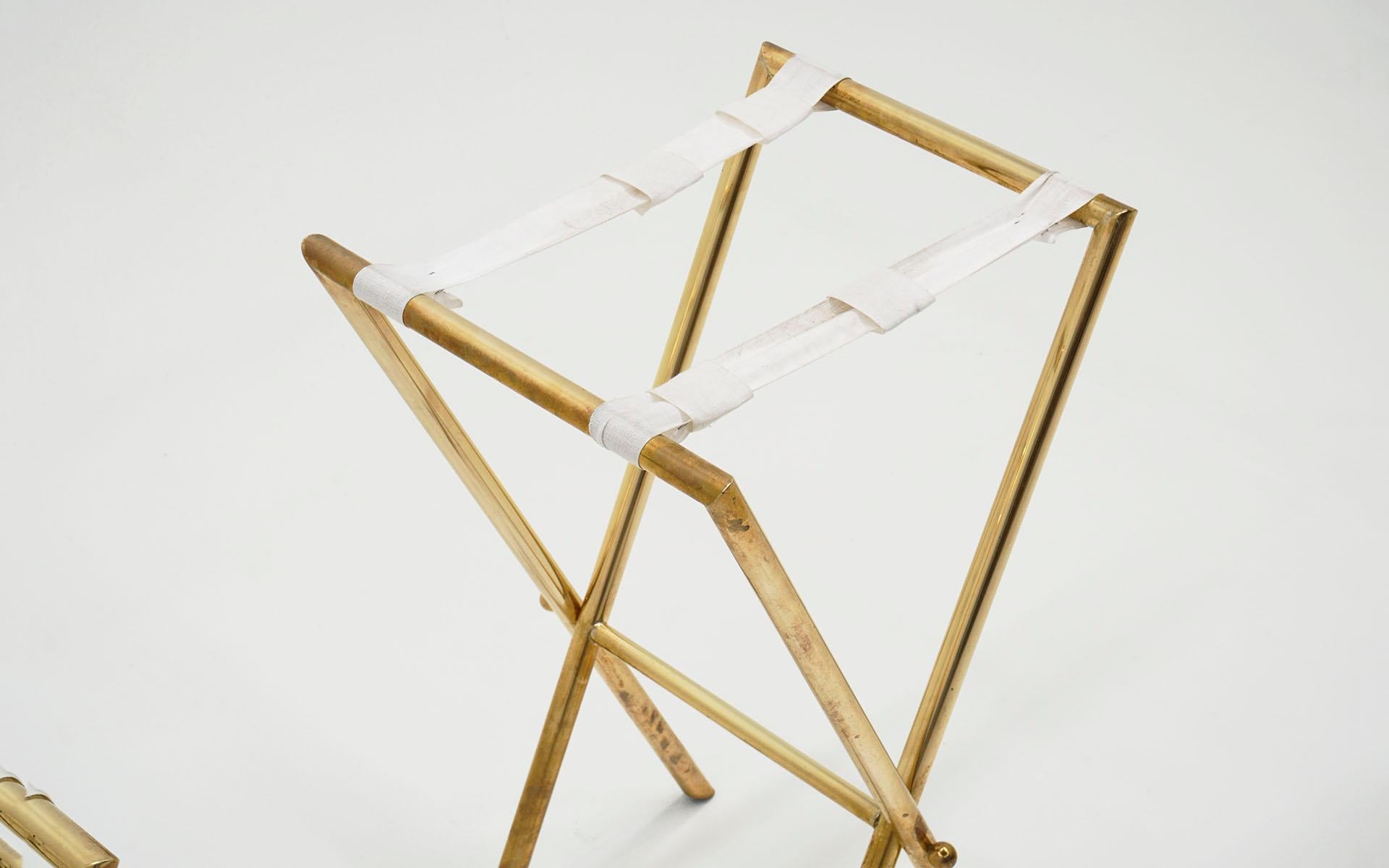 Pair of Barnaba Fornasetti Tray Tables, Acrylic Tops, Brass Folding Bases Signed 2