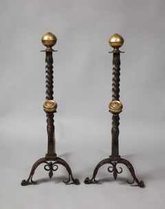 Pair of Baroque Bronze and Iron Andirons