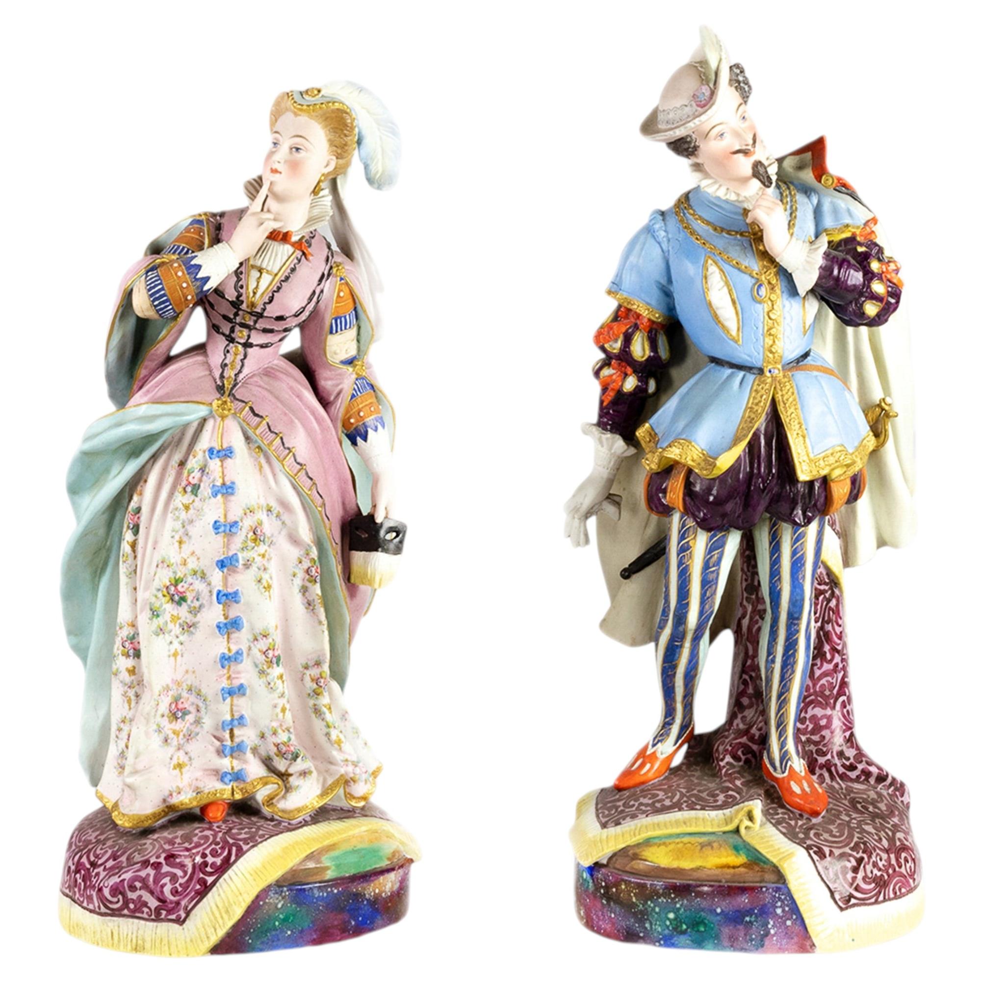 Pair Baroque Faience Statues, Rococo Revival, Oversized Figurines, 19th Century